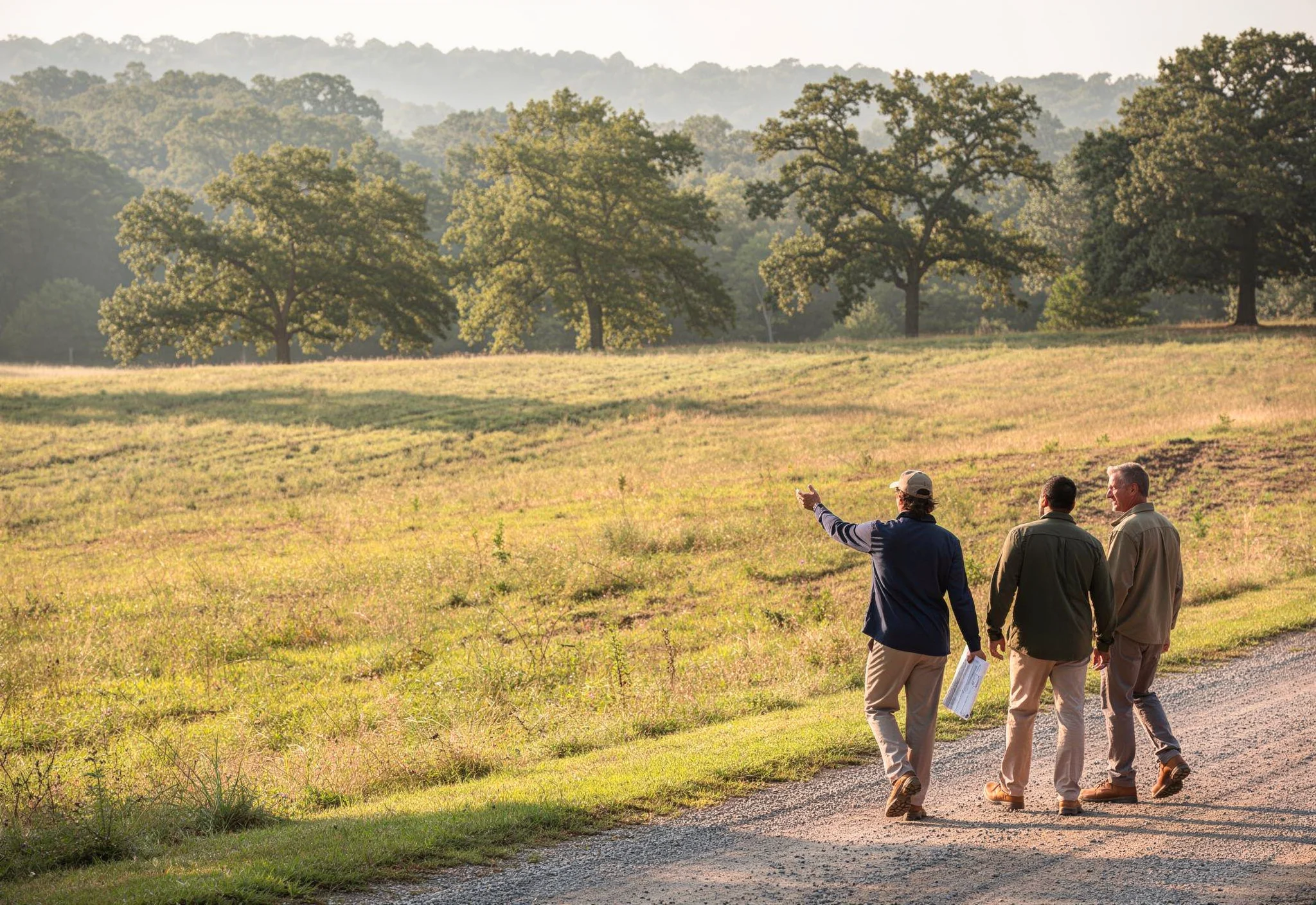 Three people walking across managed land and discussing a location