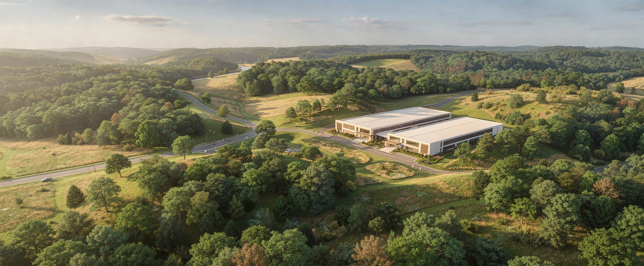 Aerial view of low-profile buildings surrounded by wooded landscape and managed land