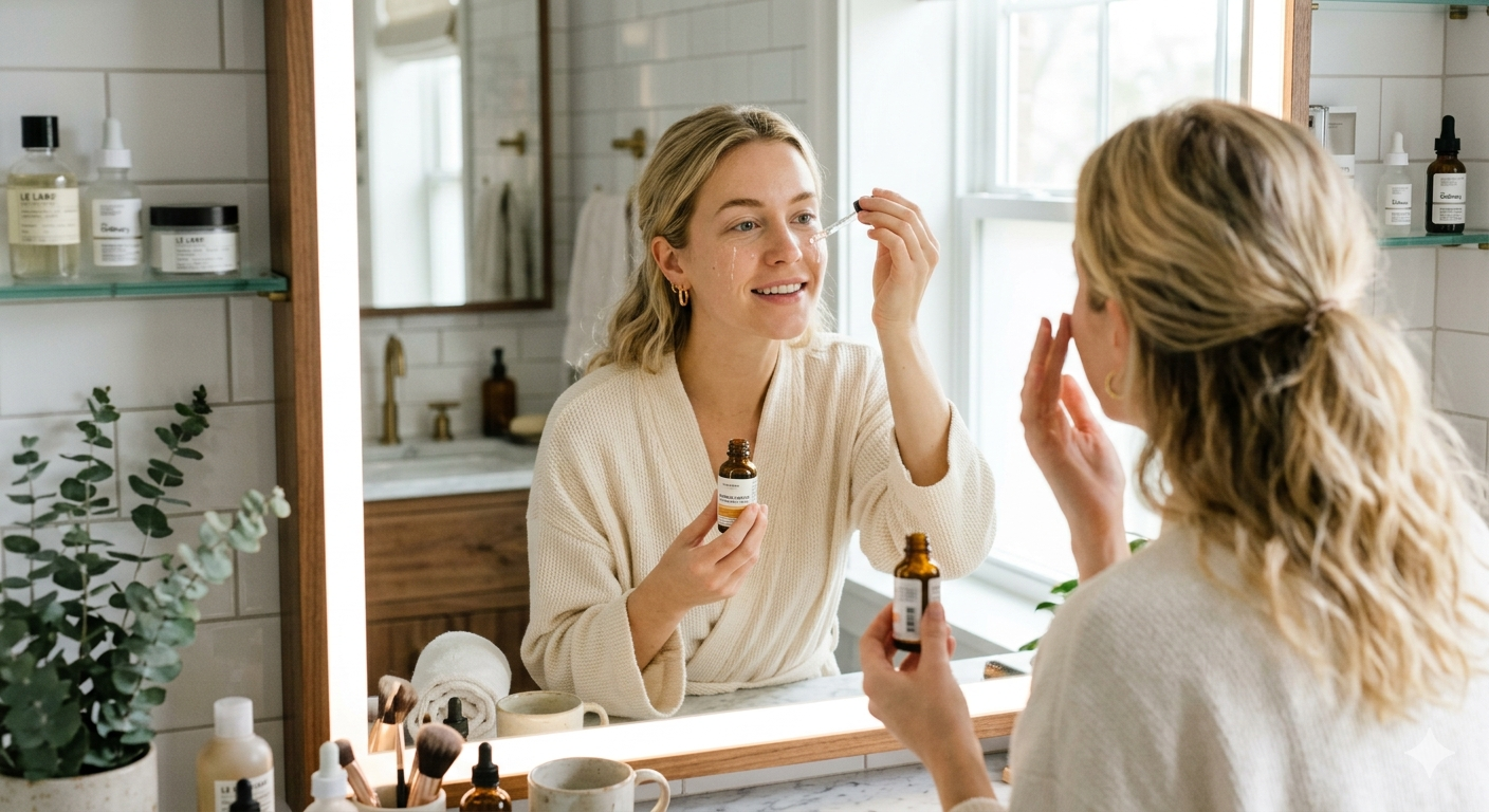 A woman applying skincare serum at a bathroom mirror surrounded by beauty products