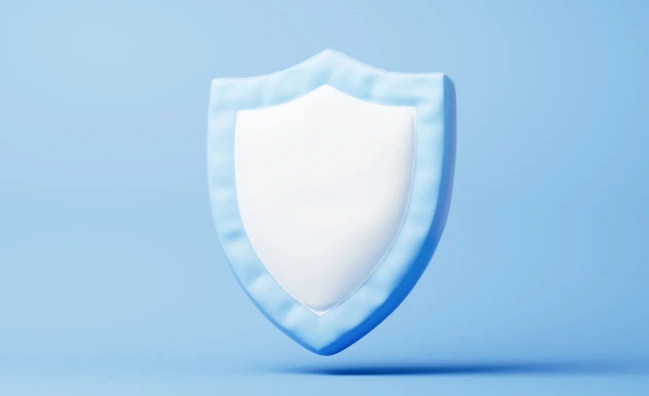 A glossy blue and white protective shield, representing trust and brand safety