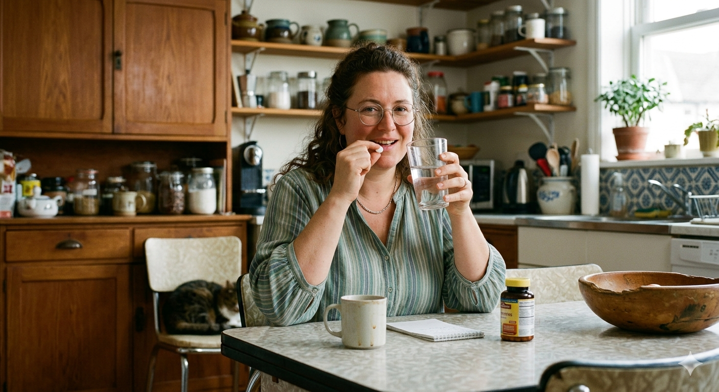 A person taking medication with a glass of water at a kitchen table