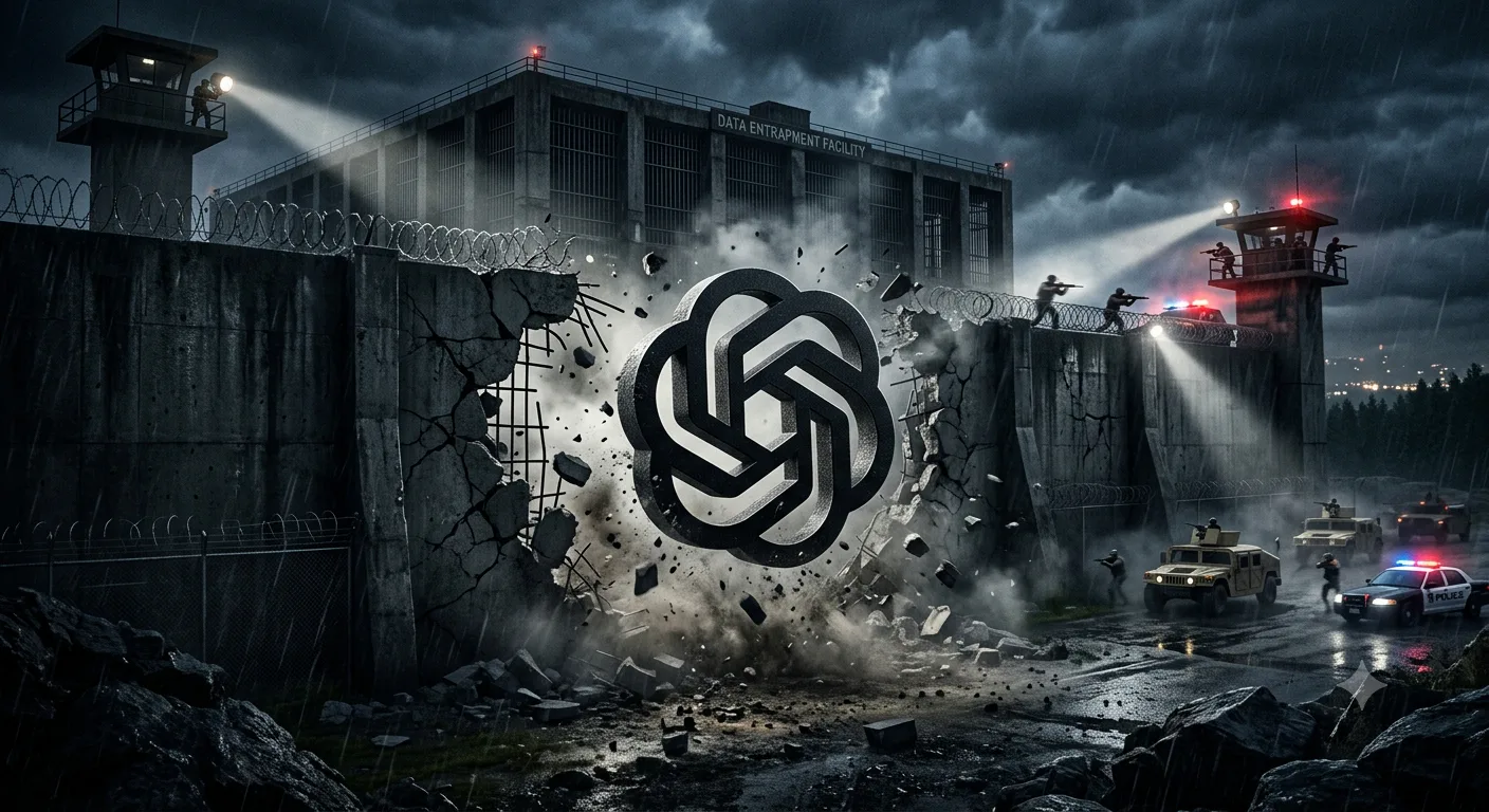 An AI symbol breaking through the wall of a secured data facility