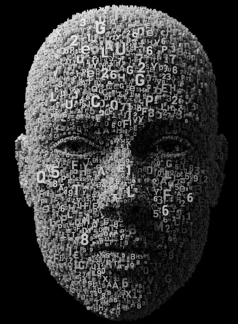 A human face composed of letters and numbers, representing AI-generated content
