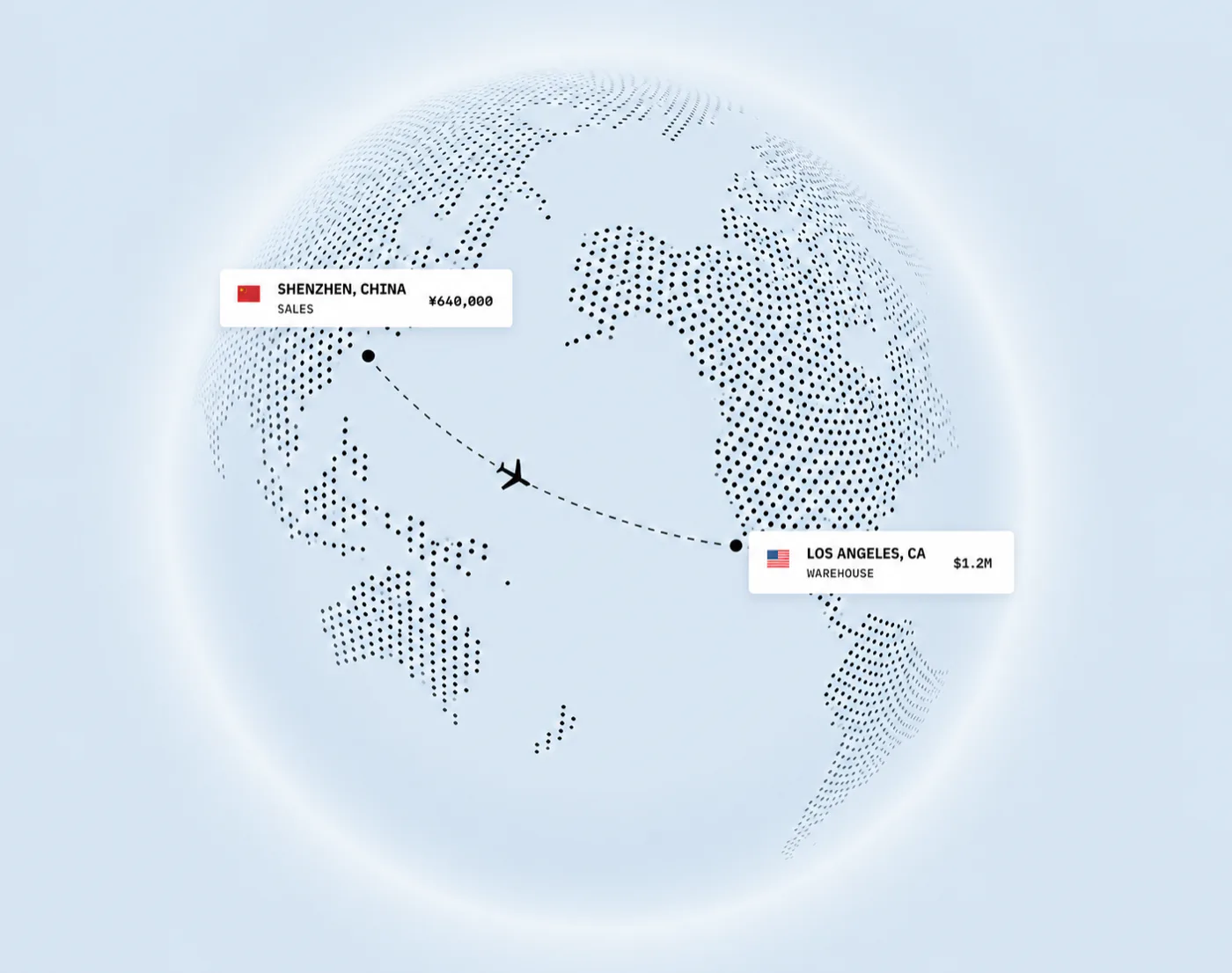 Global shipping lane from Shenzhen, China to Los Angeles shown on a world map