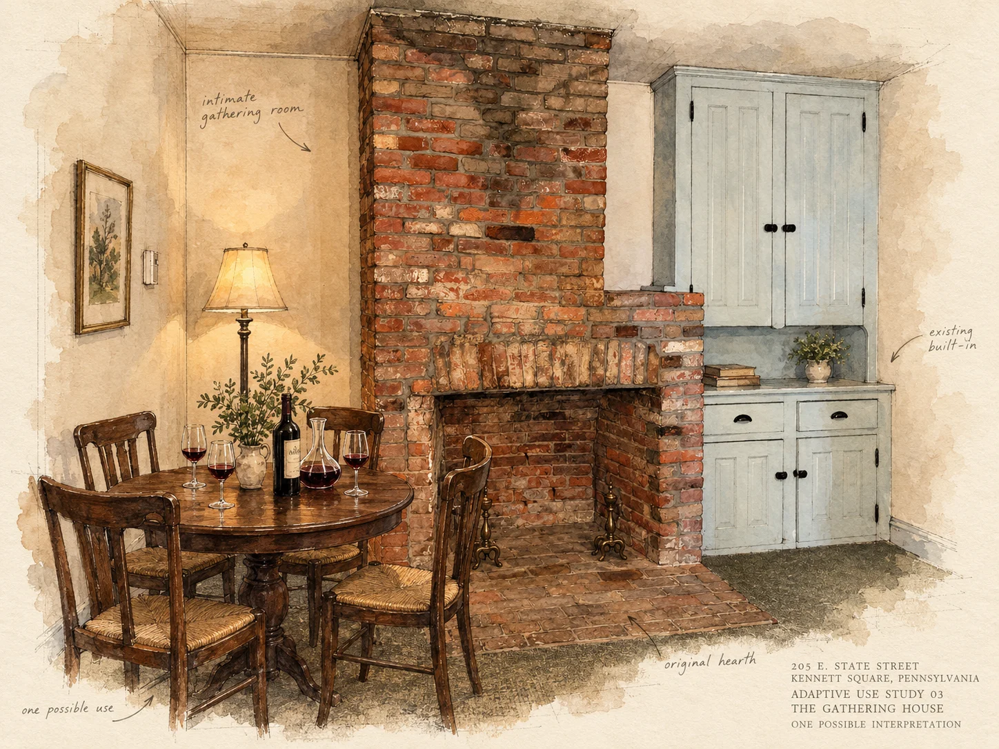 Adaptive use watercolor study showing an intimate gathering interpretation around the original hearth