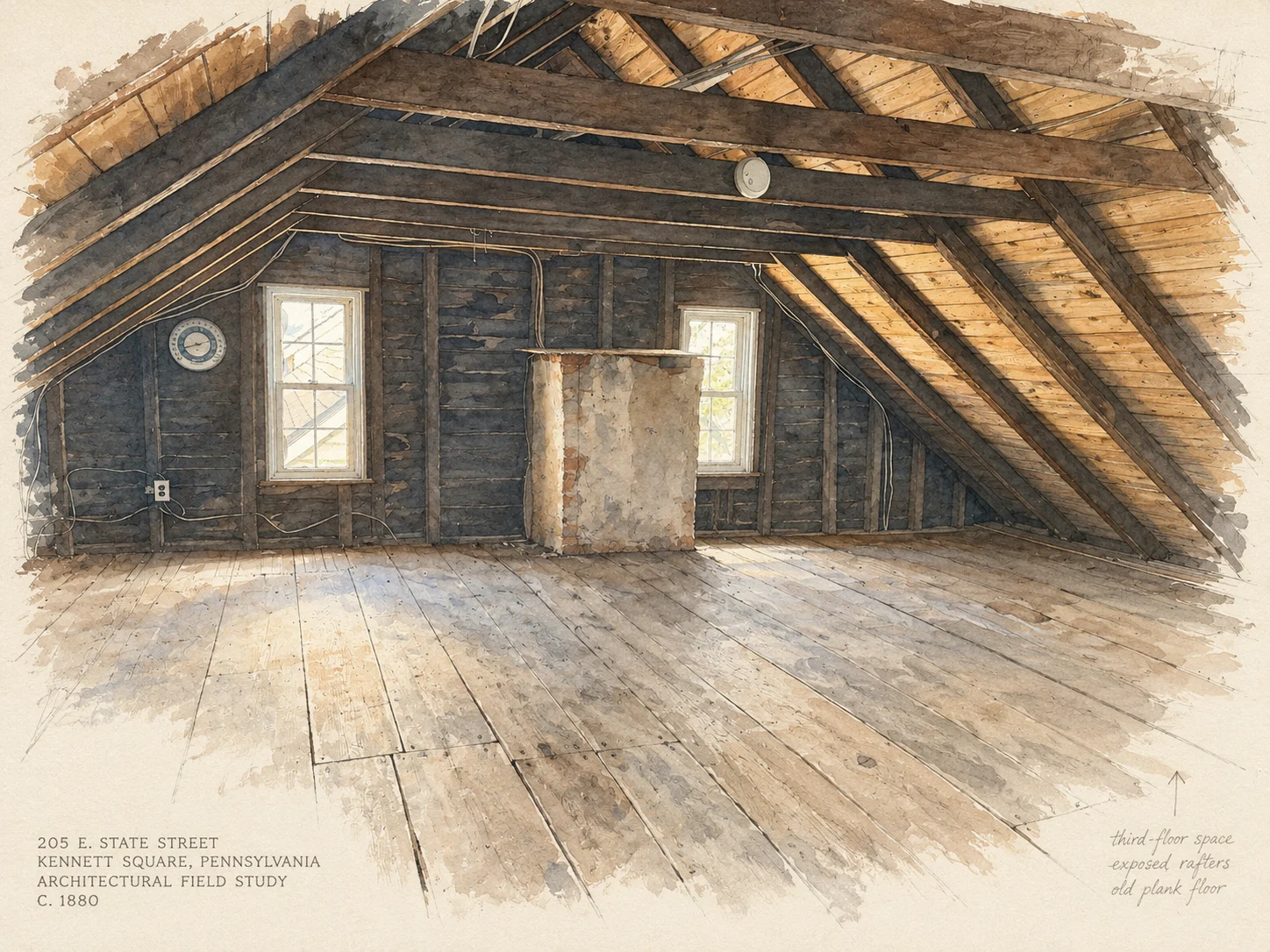 Watercolor field study of the exposed third-floor rafters, plank floor, and original chimney