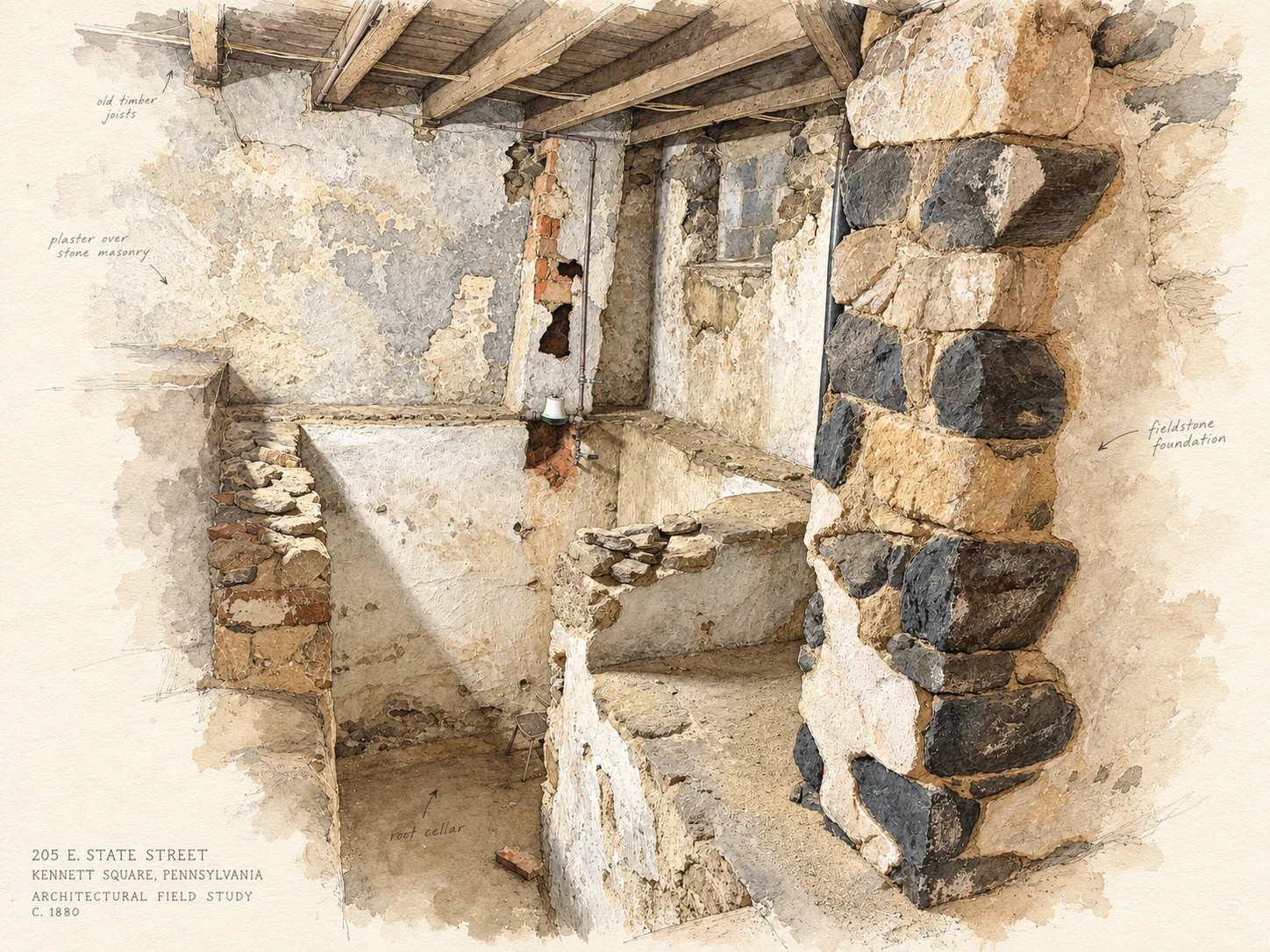 Watercolor field study of the fieldstone foundation and root-cellar area