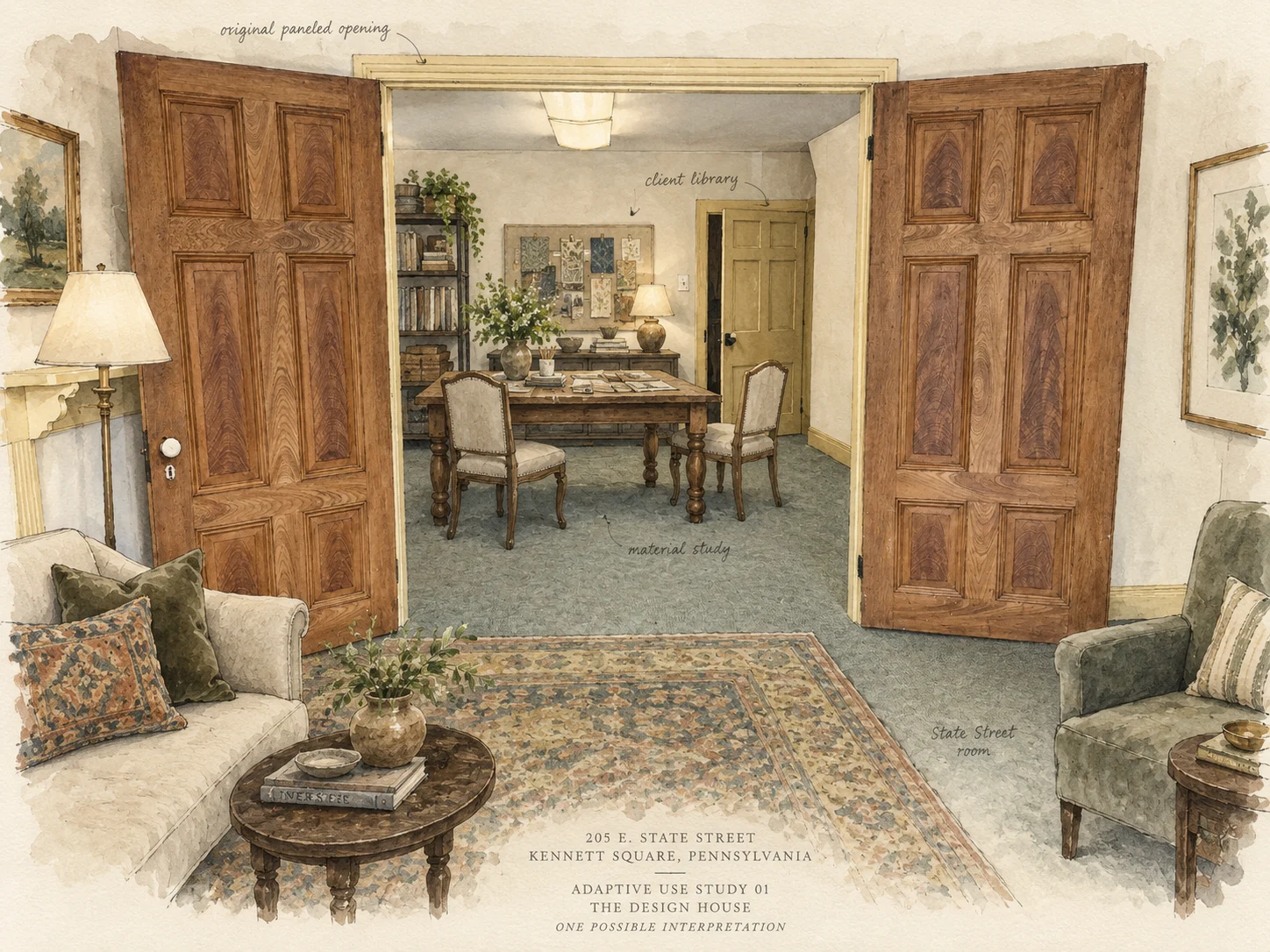 Adaptive use watercolor study showing 205 East State as a sophisticated interior-design and showroom business