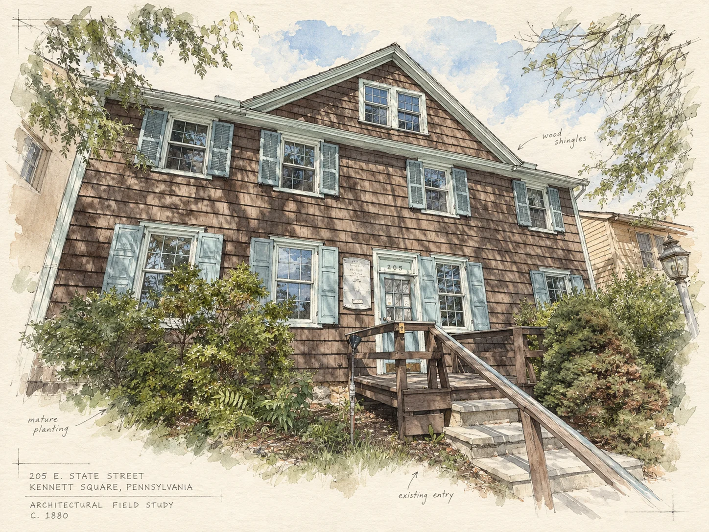 Architectural watercolor field study of the front elevation of 205 East State Street