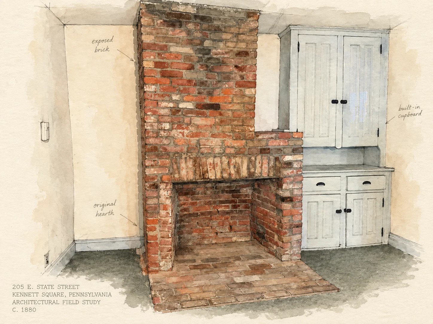 Watercolor field study of the original brick hearth and built-in cabinetry