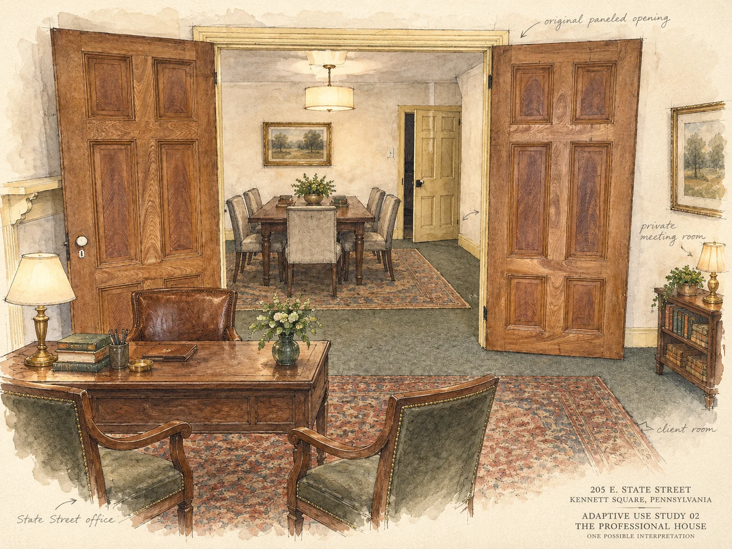 Adaptive use watercolor study showing 205 East State as a boutique professional headquarters