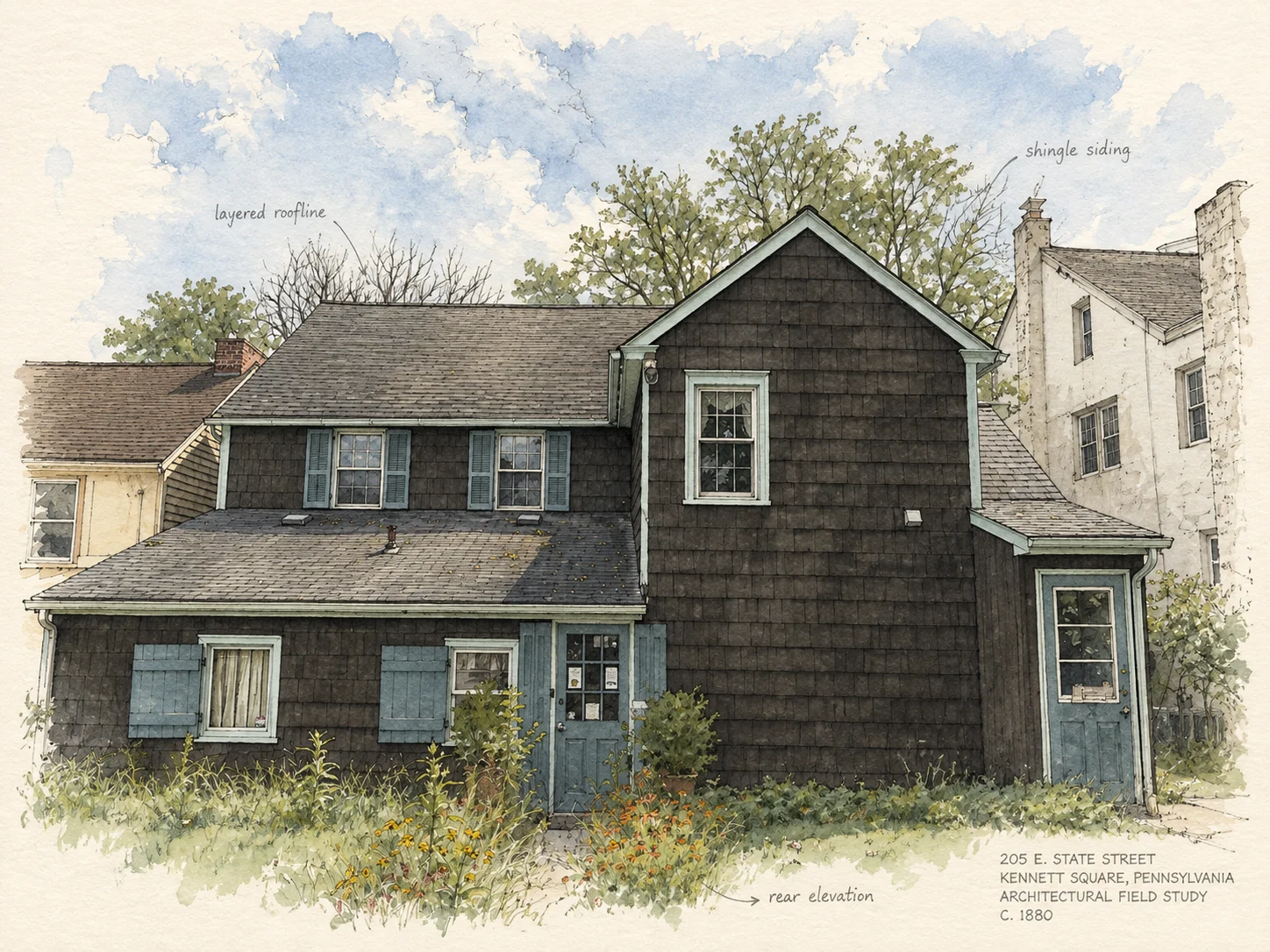 Watercolor field study of the rear elevation of 205 East State and its private parking area