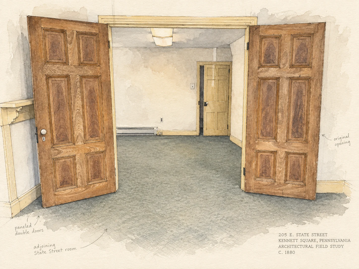 Architectural watercolor field study of original paneled double doors
