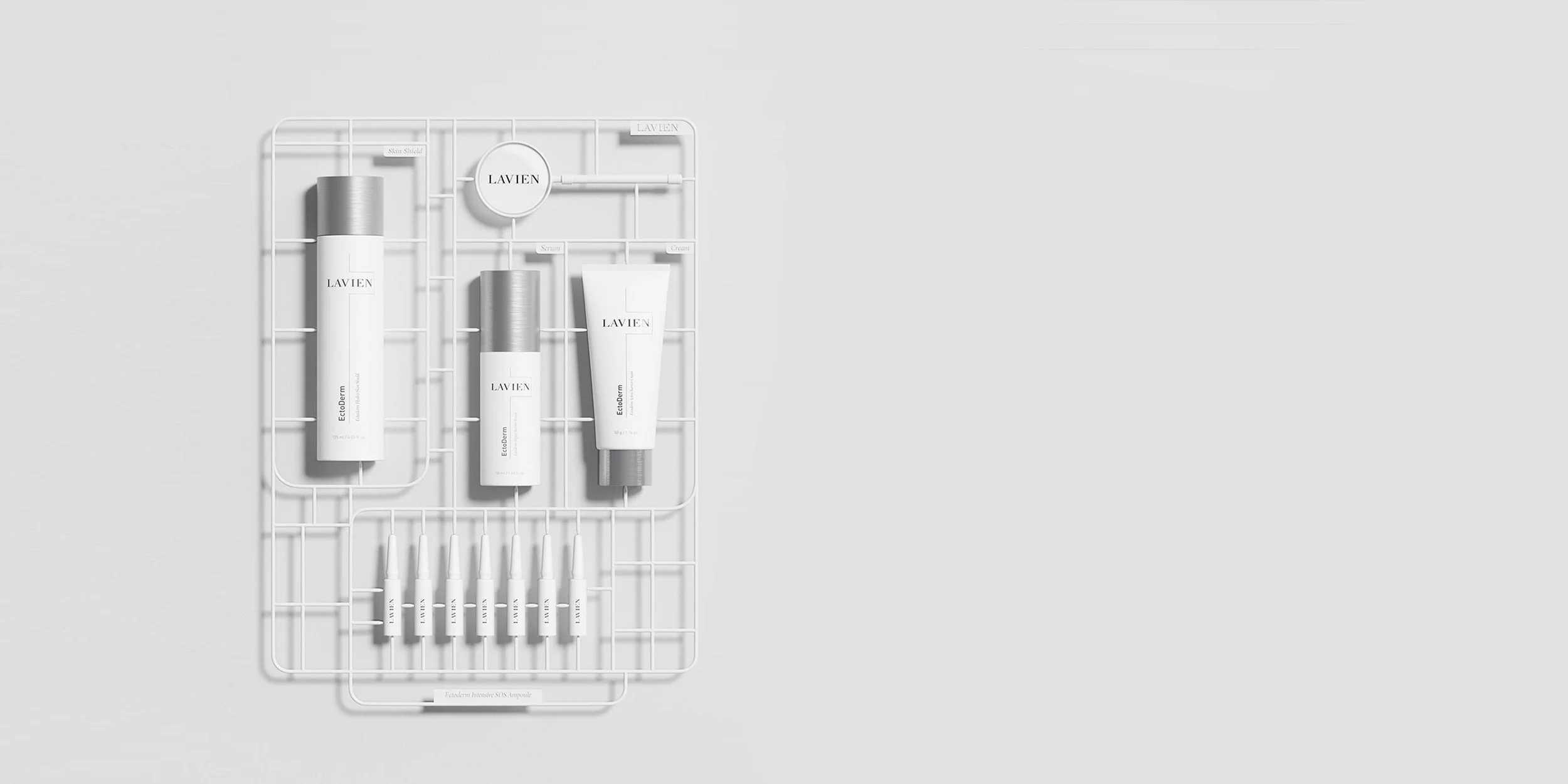 LAVIEN EctoDerm skincare products arranged in a precise white model frame