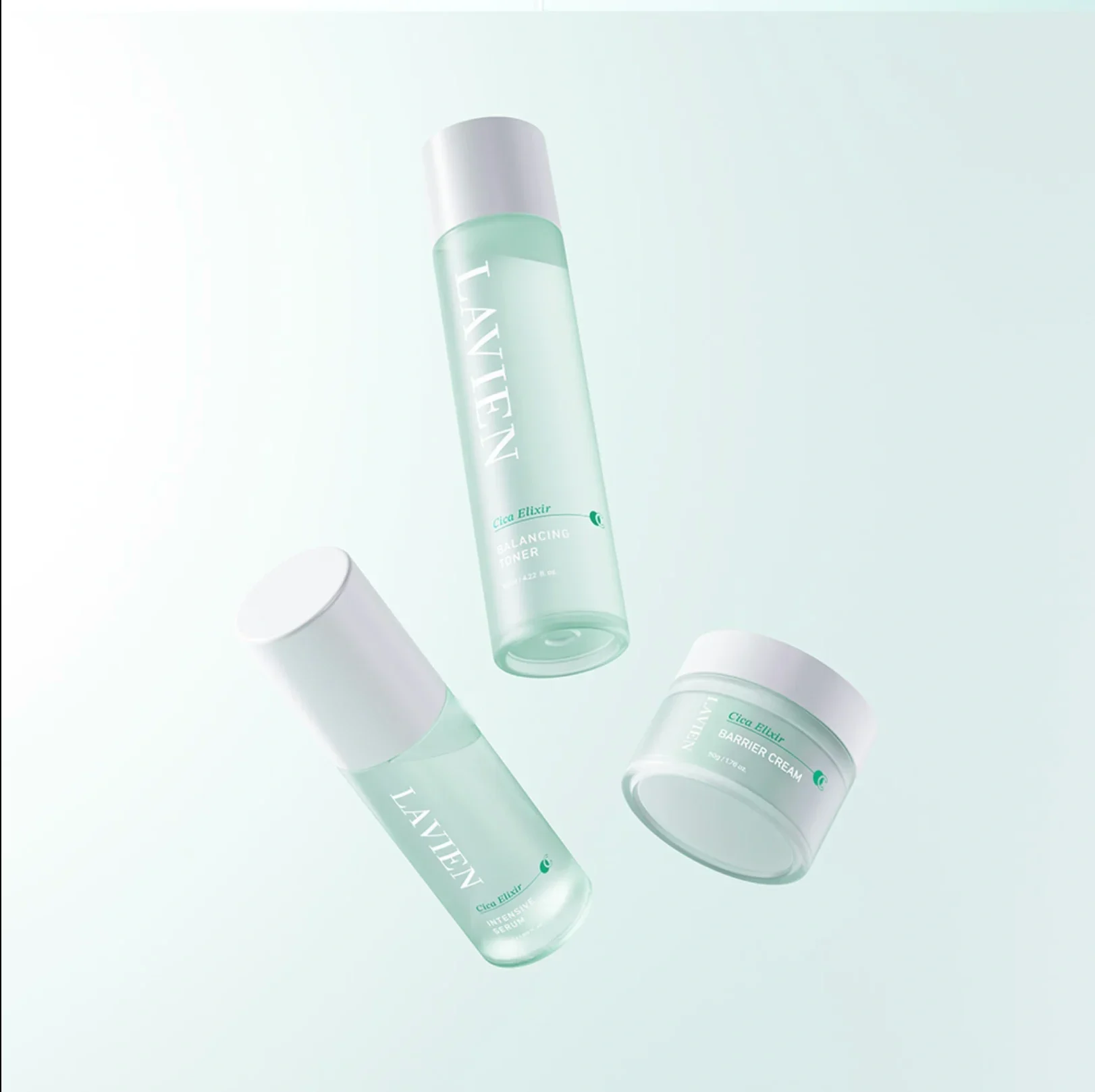 LAVIEN Cica Elixir Balancing Toner, Intensive Serum, and Barrier Cream arranged over pale mineral water