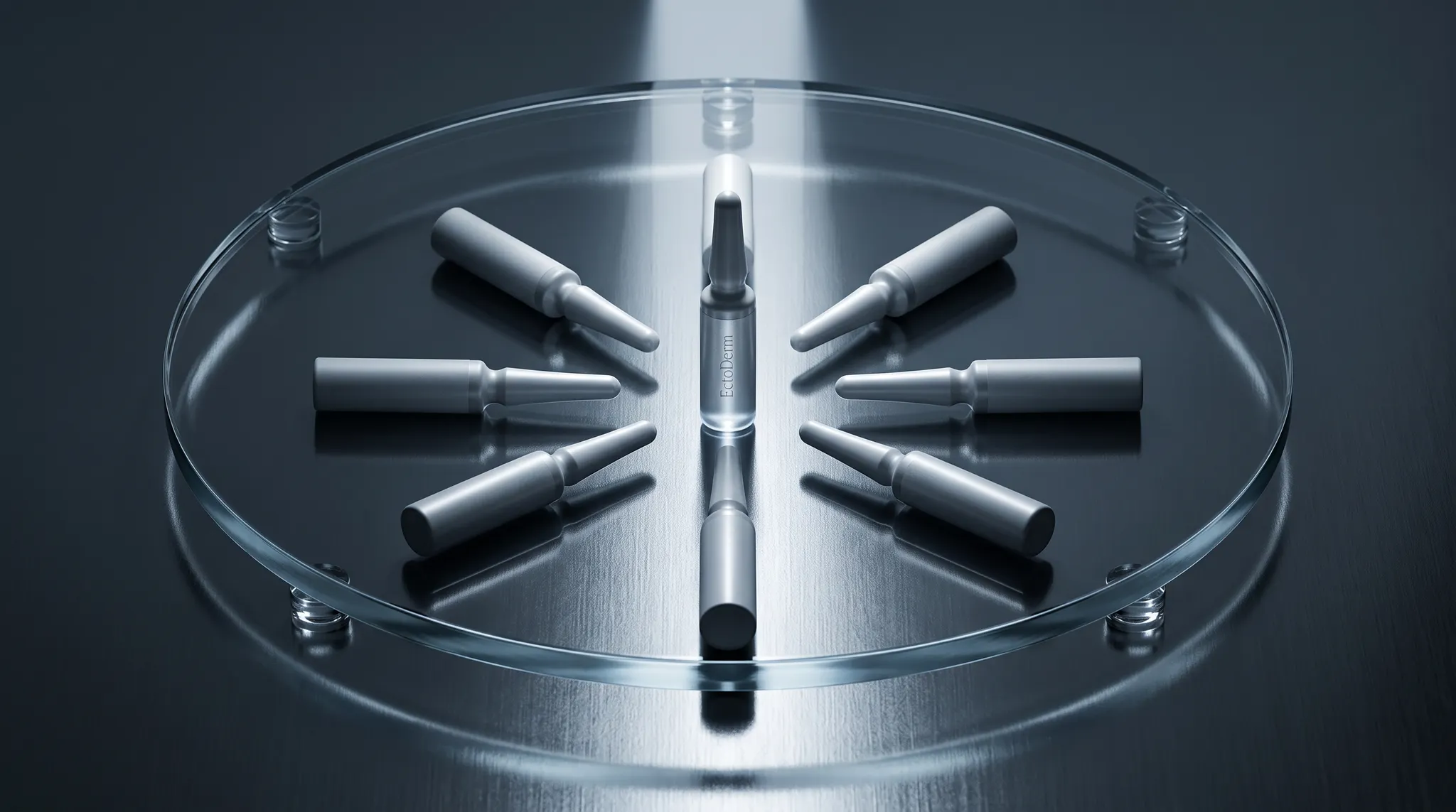 LAVIEN EctoDerm Intensive SOS Ampoules arranged beneath a glass disc