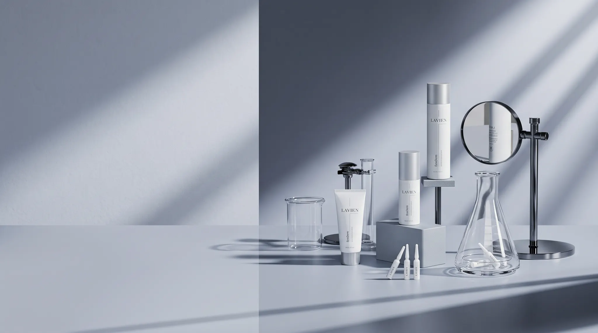 LAVIEN EctoDerm toner, serum, cream, and ampoules in a cool laboratory still life