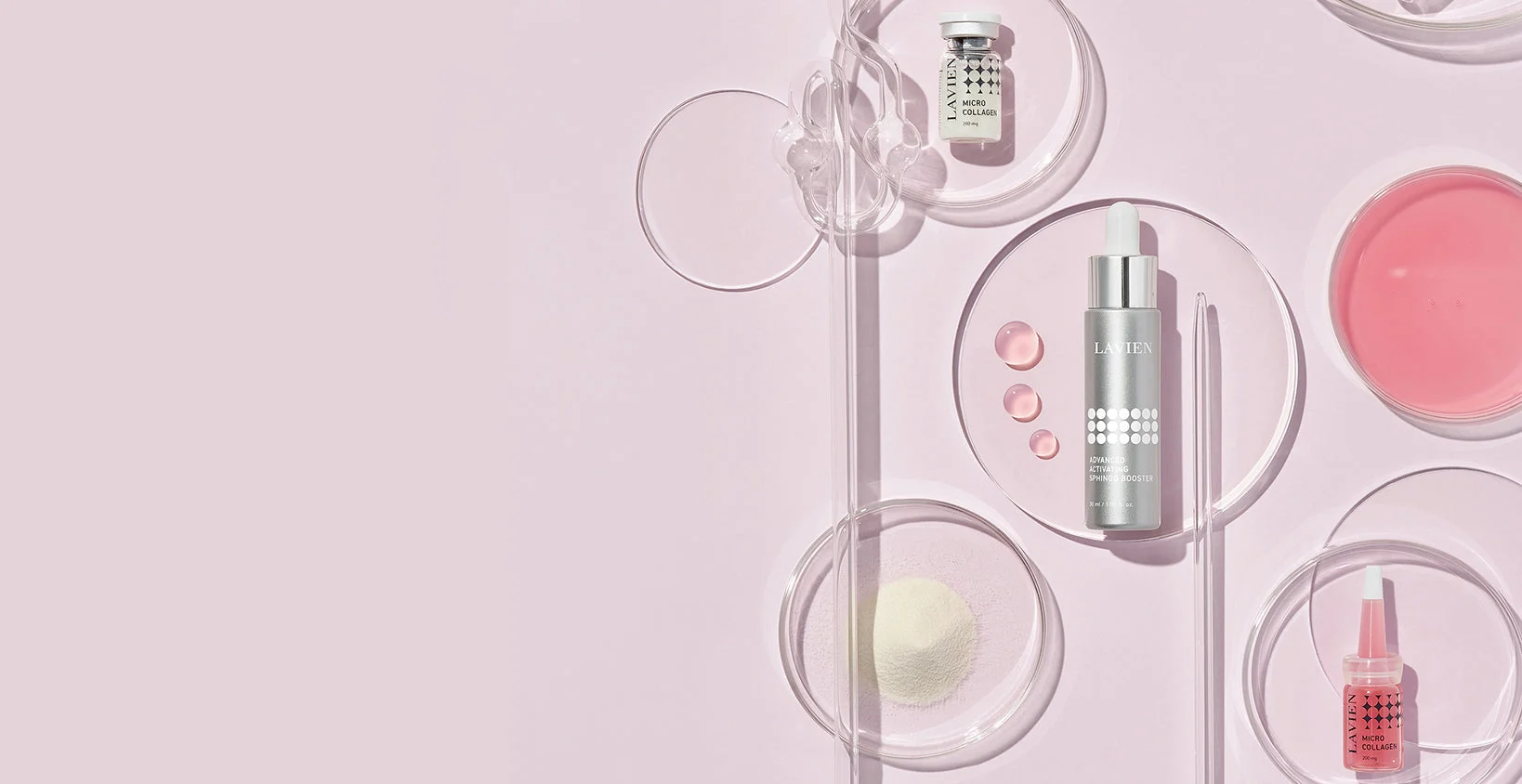 LAVIEN Collagen formulas arranged with clear laboratory glass on a soft pink background