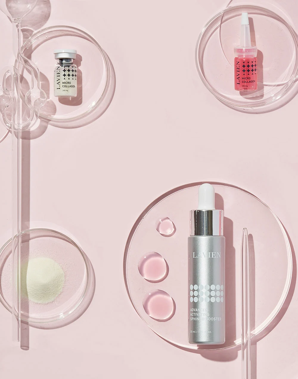 LAVIEN skincare formulas arranged with laboratory glassware
