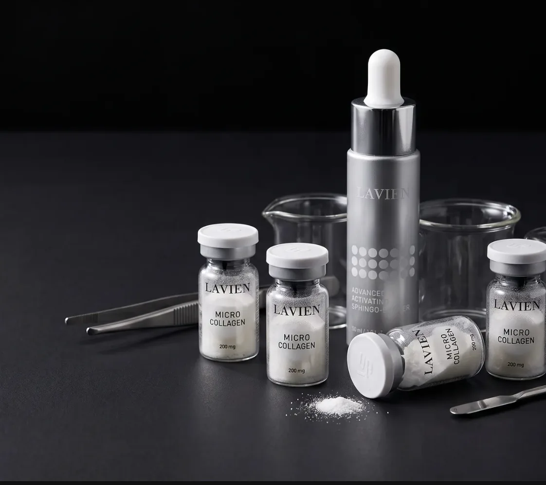 LAVIEN Micro Collagen vials and Advanced Activating Sphingo Booster with laboratory glassware on a dark surface