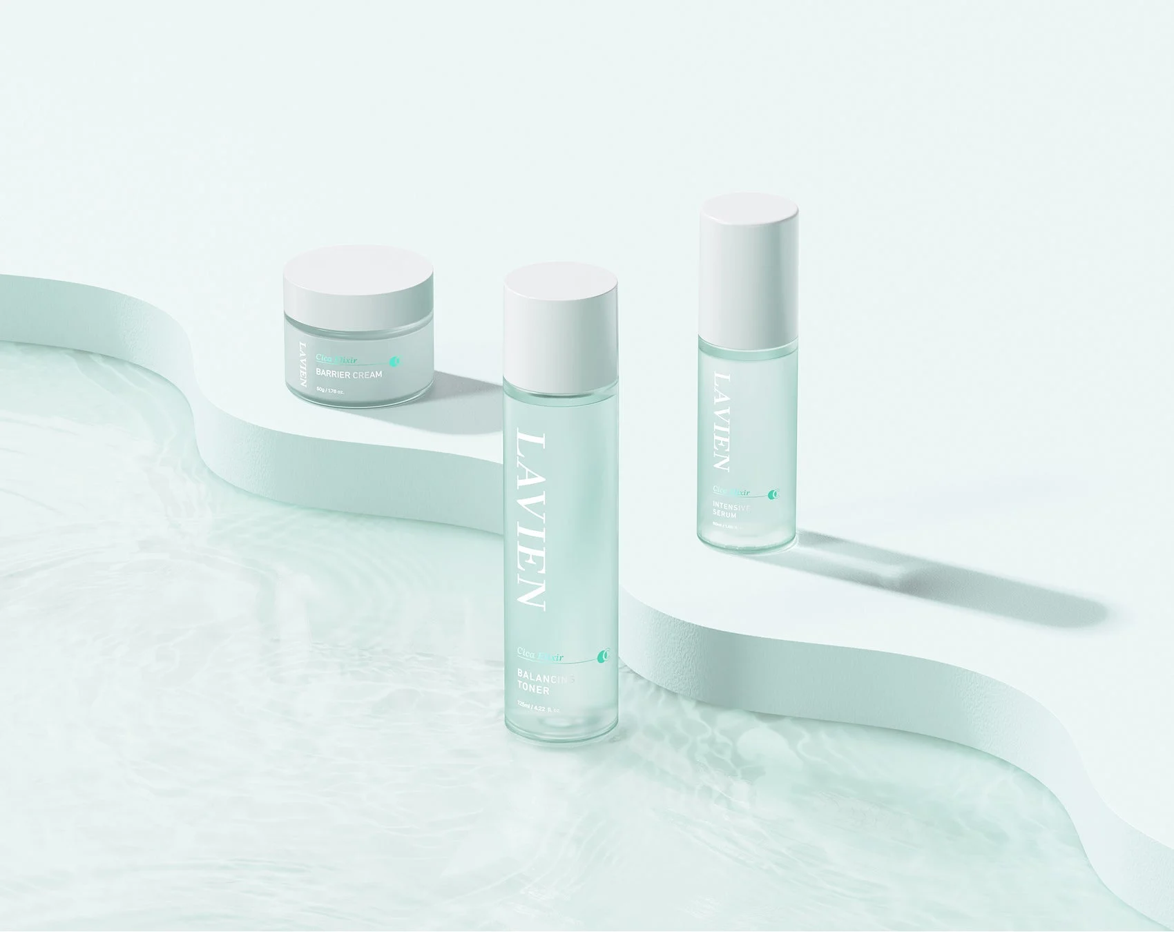 LAVIEN Cica Elixir Balancing Toner, Intensive Serum, and Barrier Cream above water