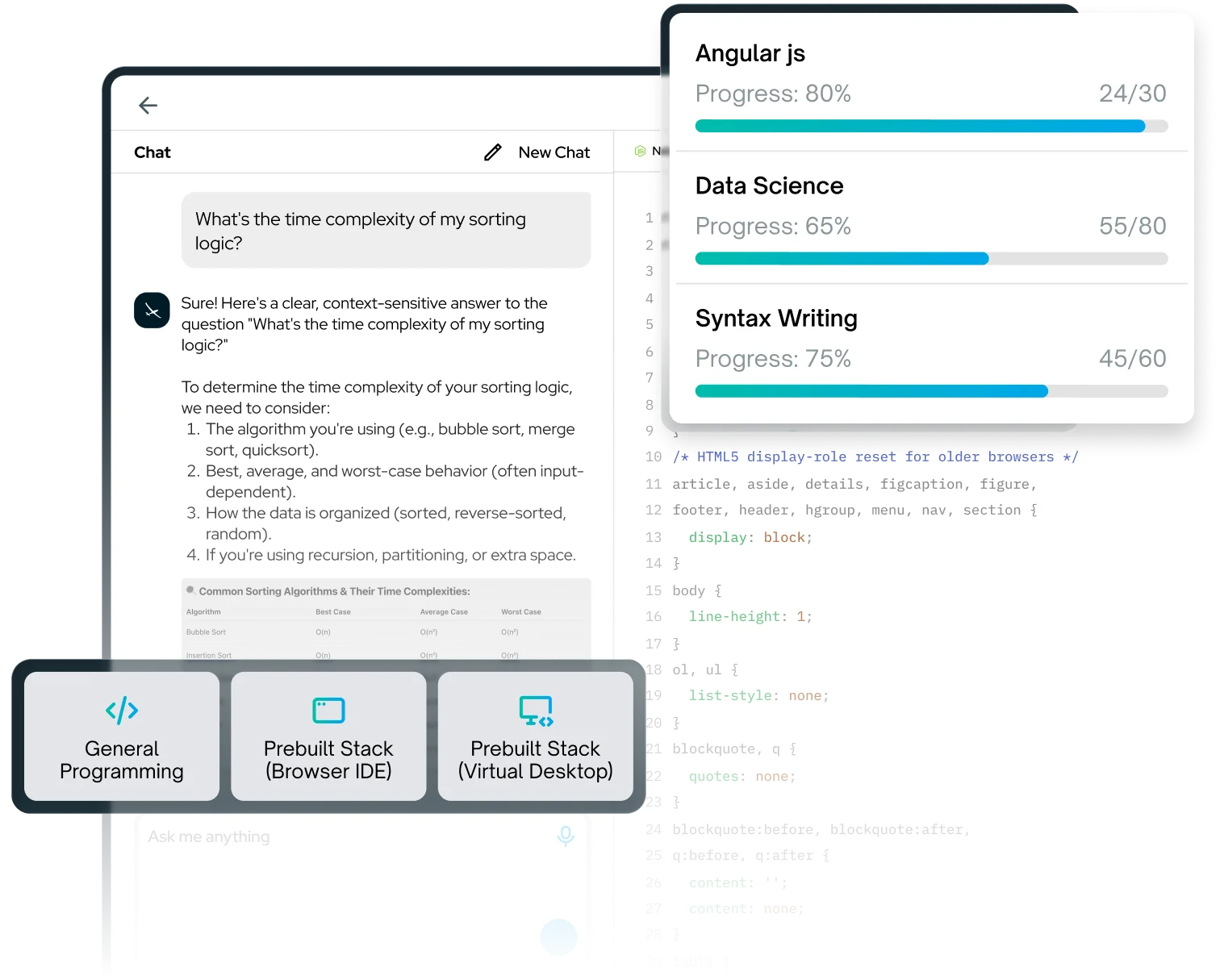 Glider AI technical assessment interface showing an AI coding conversation, skill progress, and programming environment options