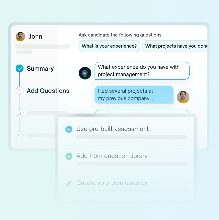 Glider AI assessment builder showing candidate questions, interview summary, and assessment creation options