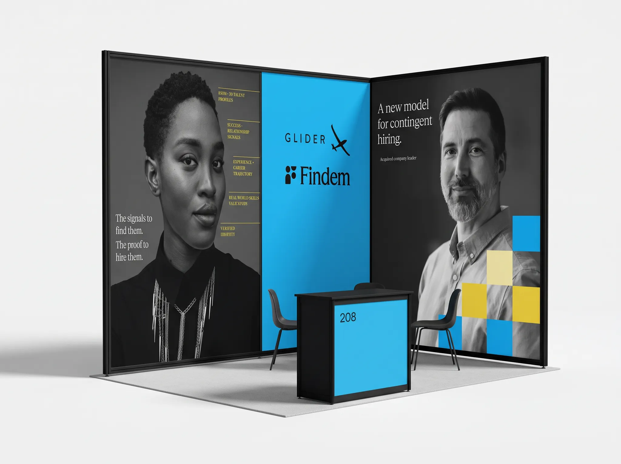 Concept visualization of Glider and Findem booth 208 with monochrome portraits, a cyan brand panel, and a reception counter.