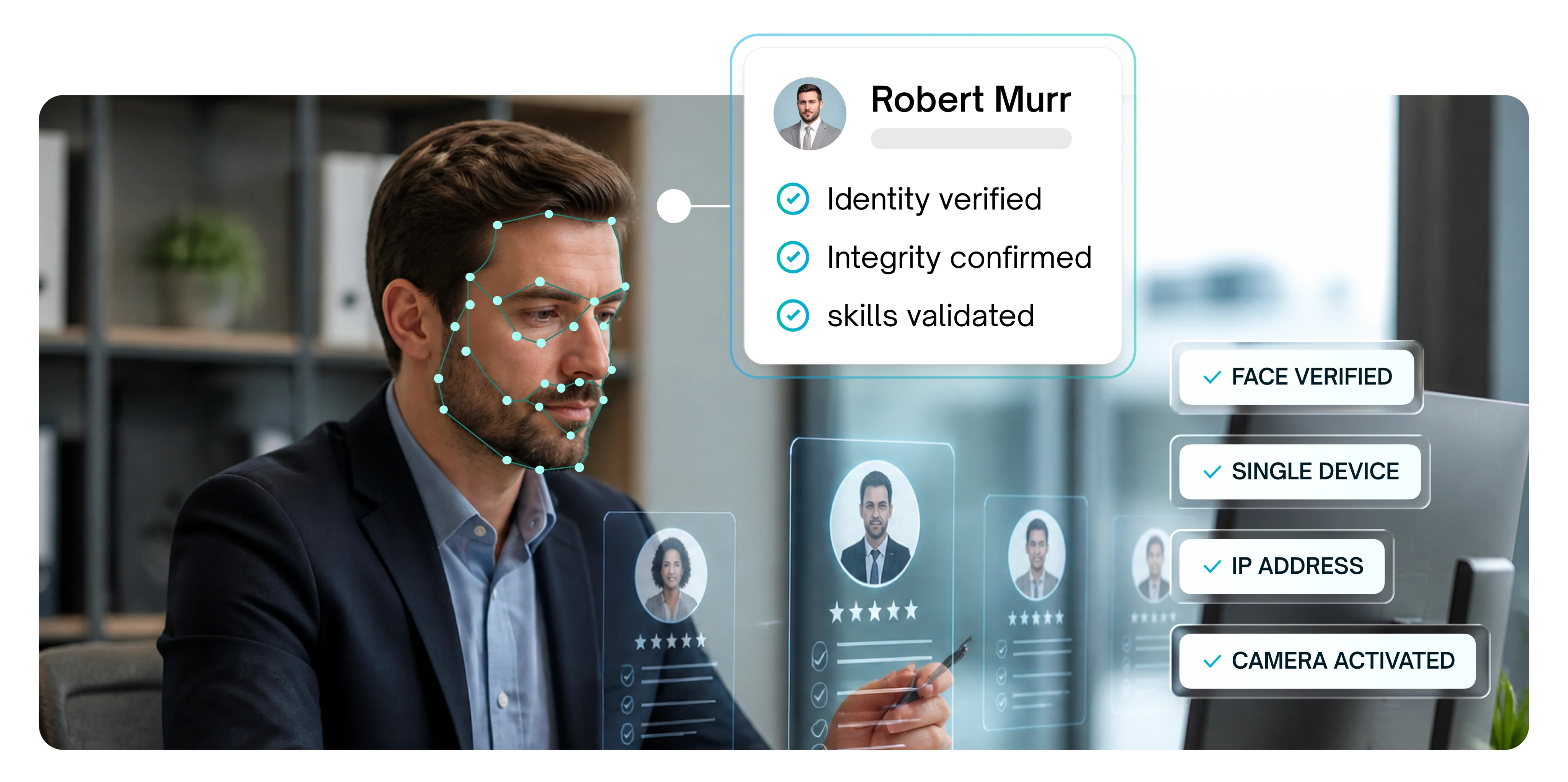 Facial recognition identity verification interface confirming candidate identity and integrity