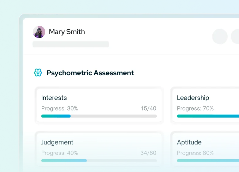 Glider AI psychometric assessment showing candidate skill progress