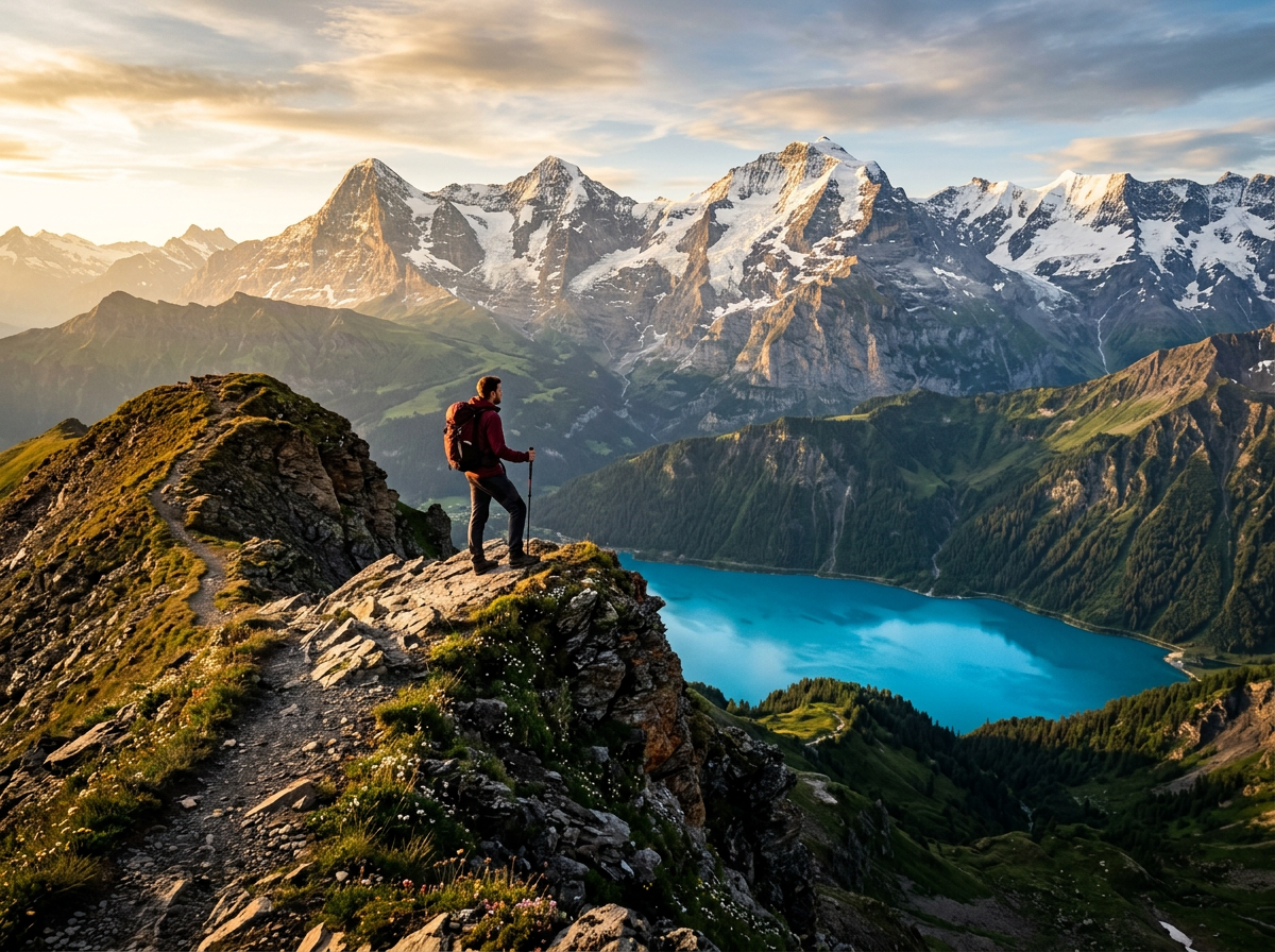 Fotógrafo frente a un lago azul y montañas nevadas