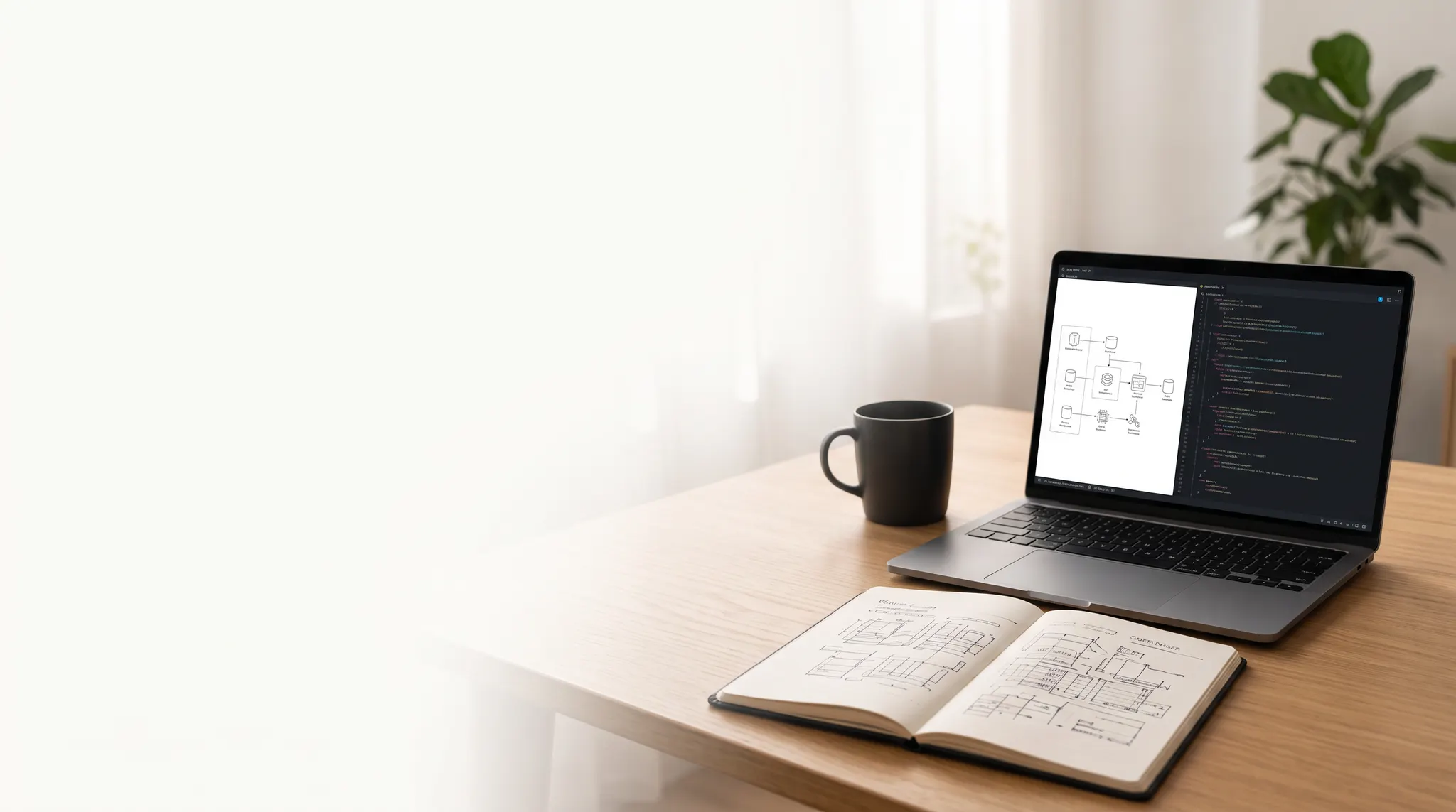 An unoccupied worktable with a laptop showing a generic architecture diagram and an open design notebook