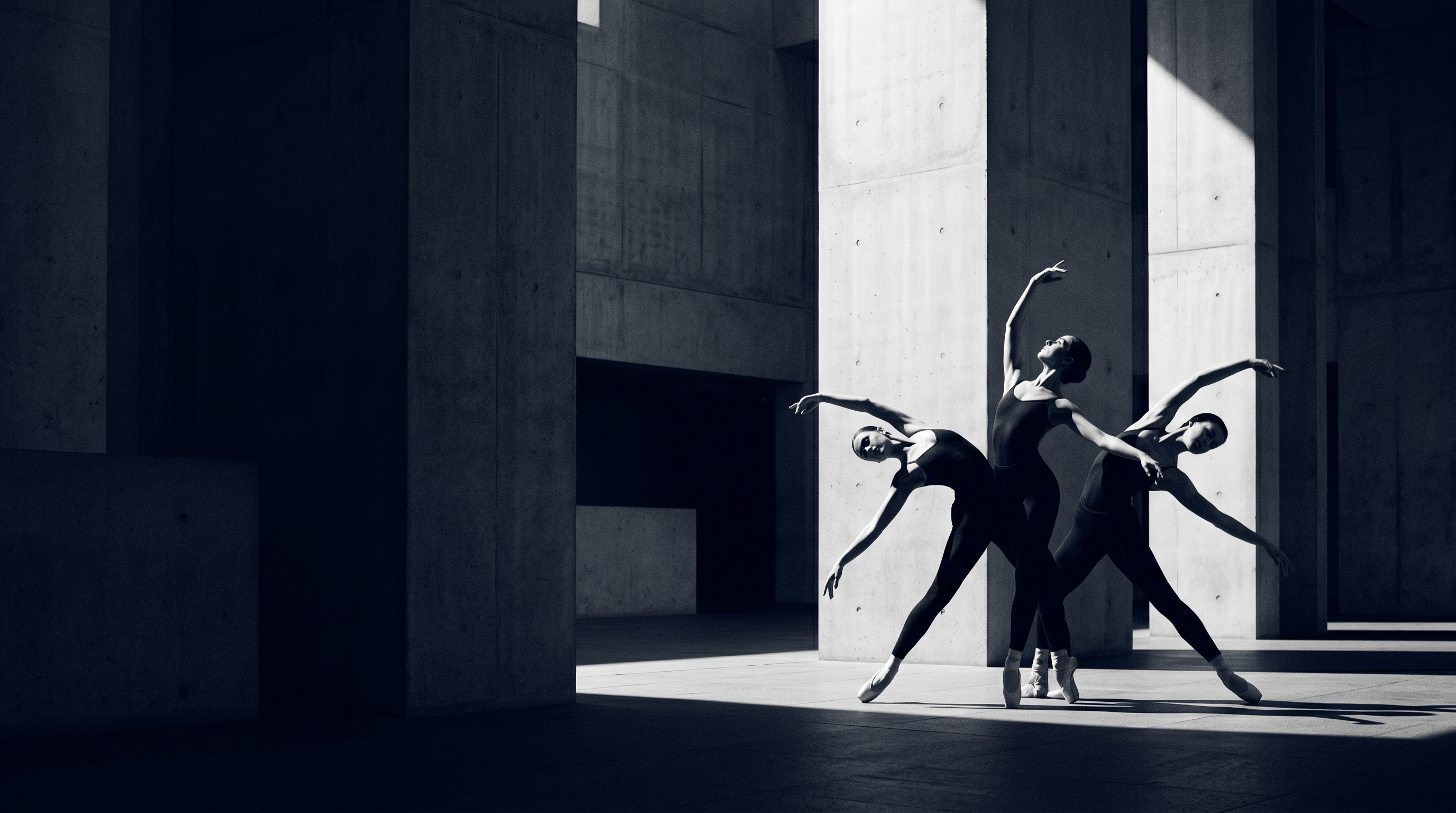 Ballet dancer in disciplined poise within a modernist concrete space, precision embedded inside structure