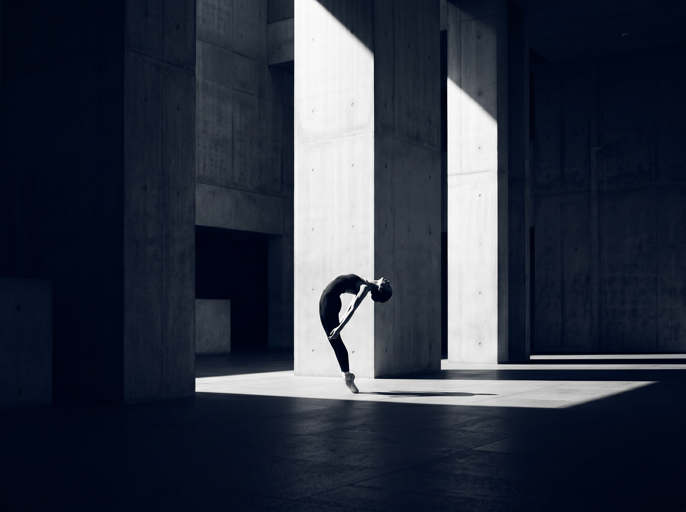 Ballet dancer in disciplined poise within a modernist concrete space, precision embedded inside structure