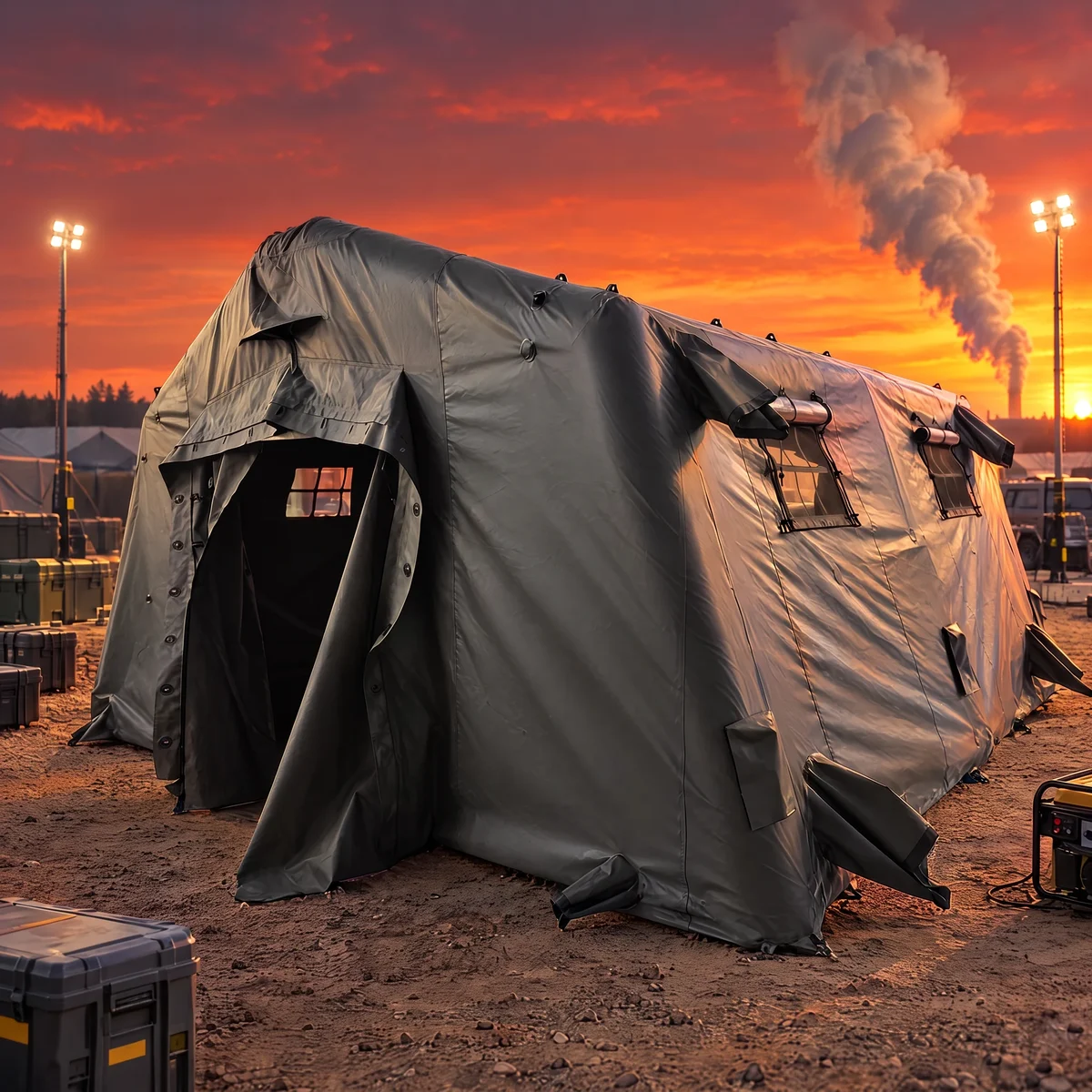 NATO green inflatable shelter in a user-prepared sunset scene