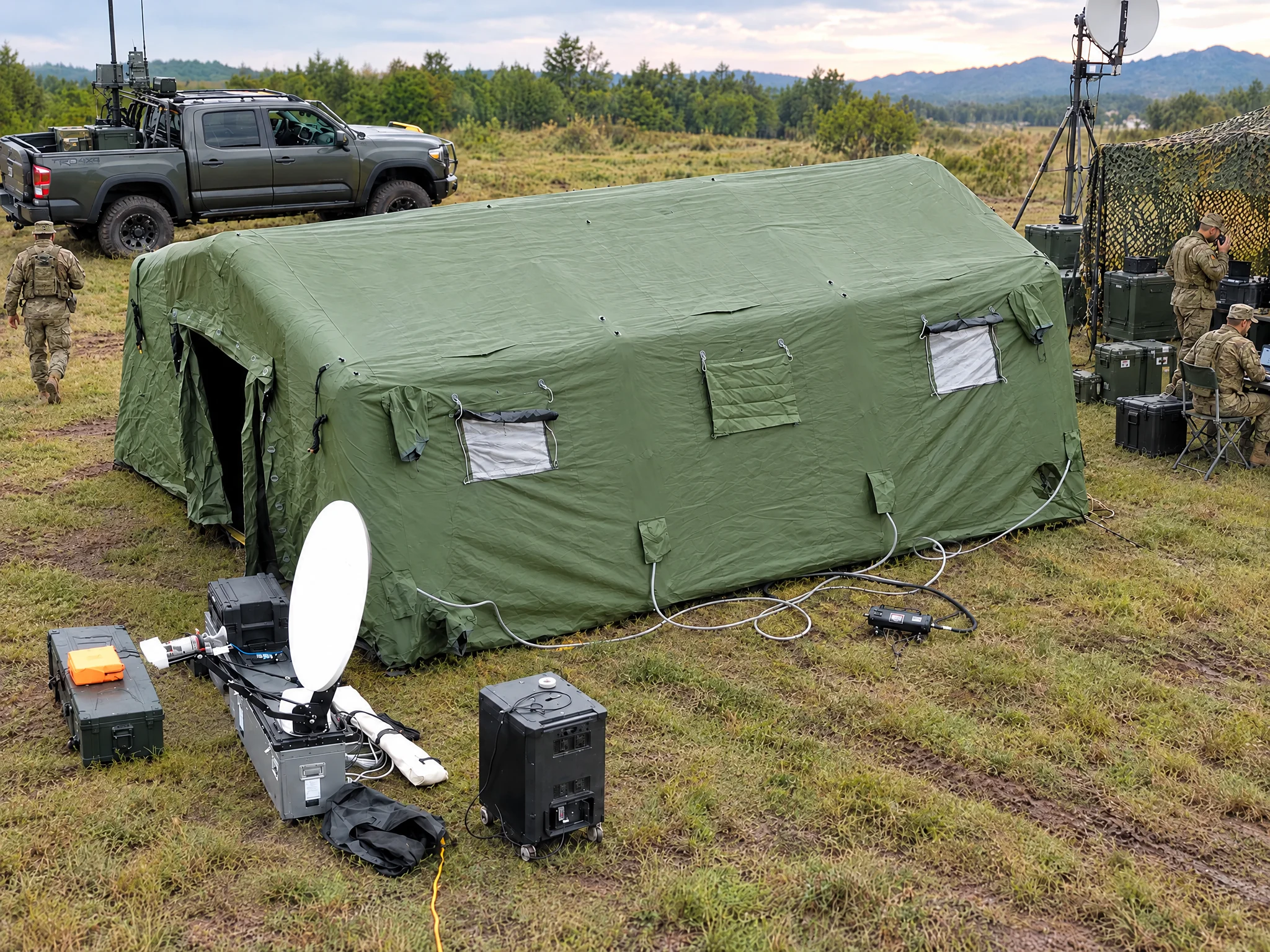 Green inflatable shelter shown from the side in an outdoor setting