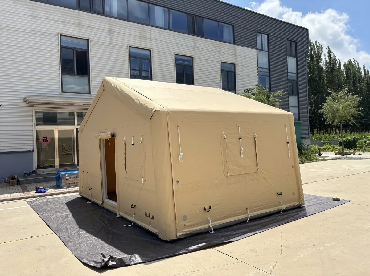 Sand-colored drop-stitch inflatable tent with an open entrance
