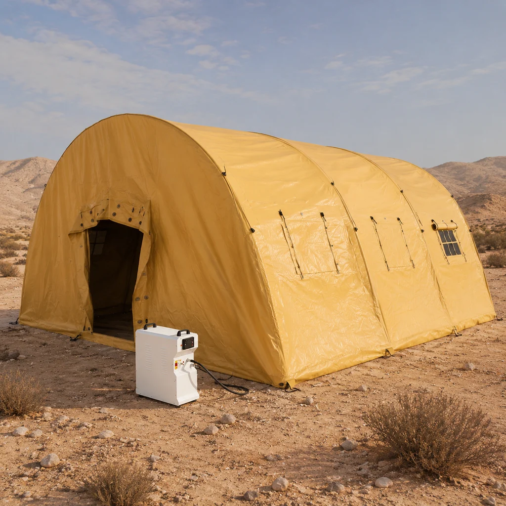 Sand-colored high-pressure inflatable tent with an open entrance, side windows and external equipment in an outdoor setting