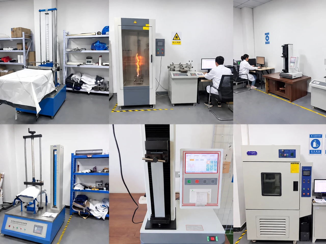 Composite photo showing fabric samples and material-testing equipment