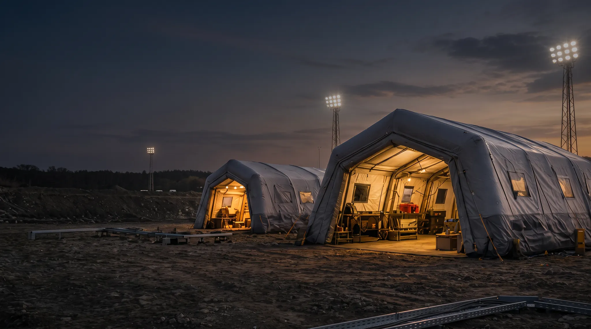 Inflatable field shelters illuminated at dusk