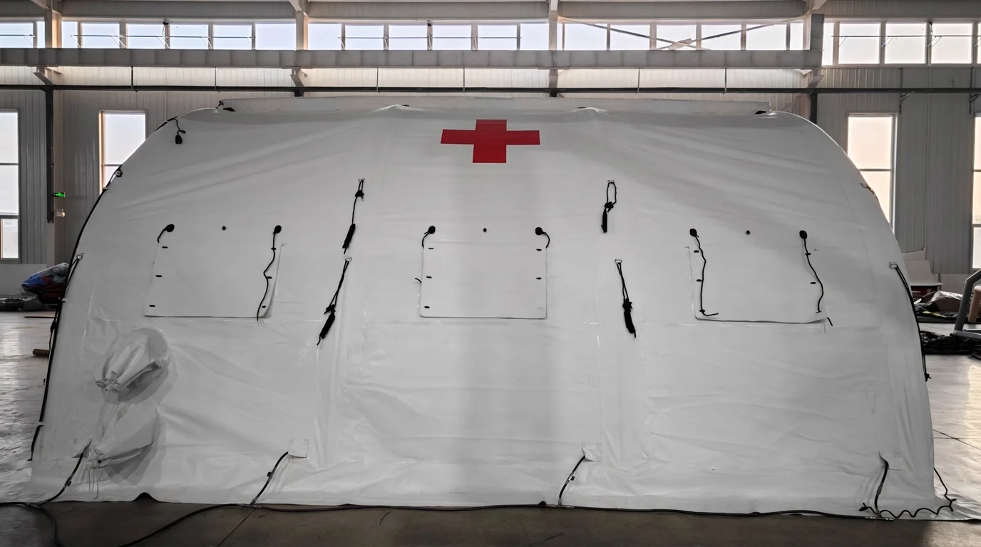 White high-pressure inflatable tent side view with closed window covers and a printed medical symbol