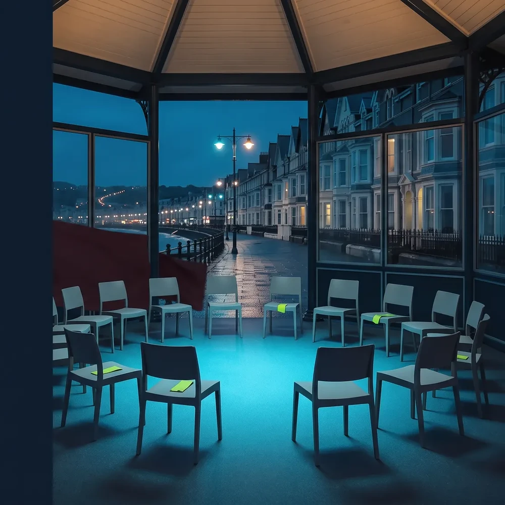 Empty chairs arranged in a circle with Douglas promenade beyond