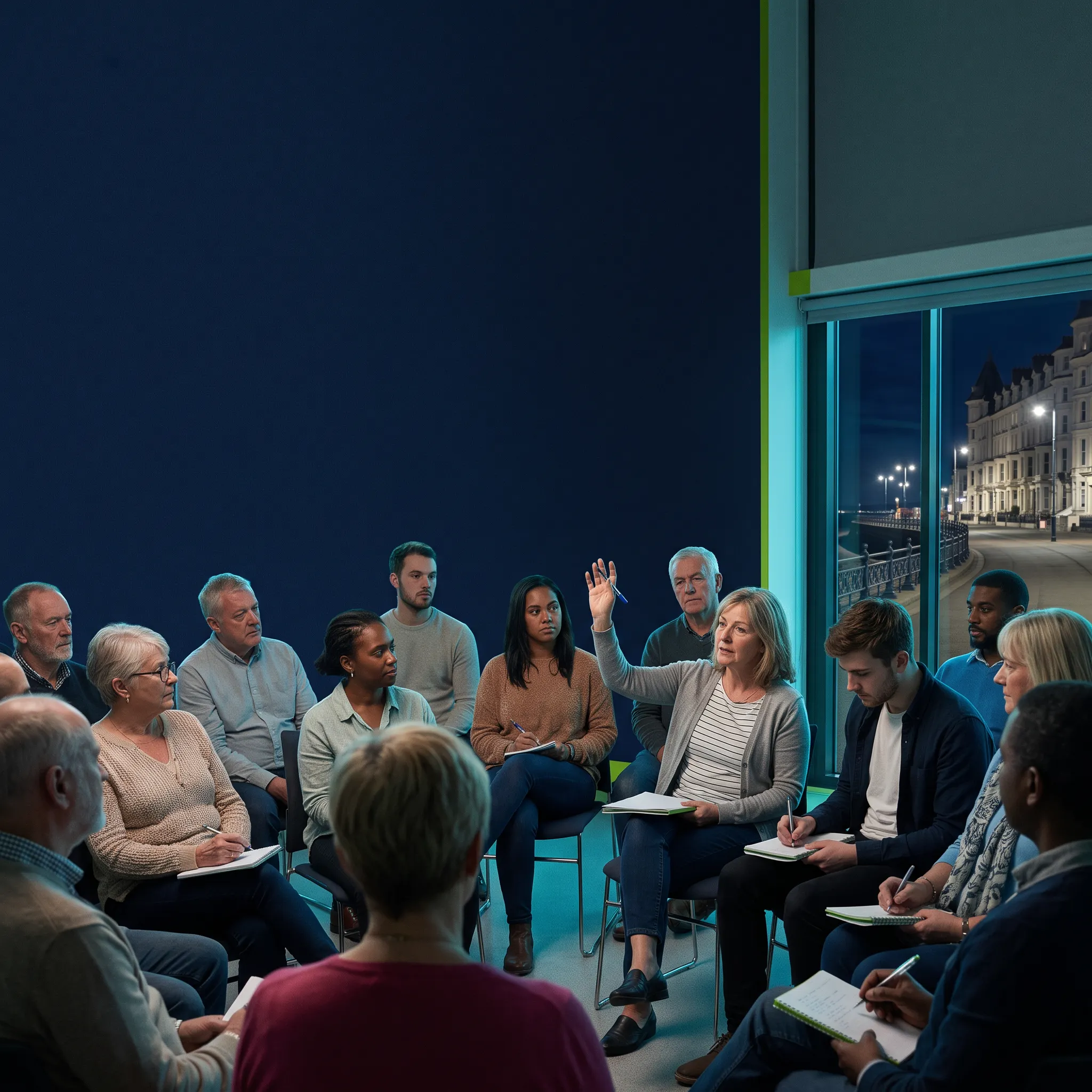 An illustrated public forum in Douglas with residents discussing the Island's future