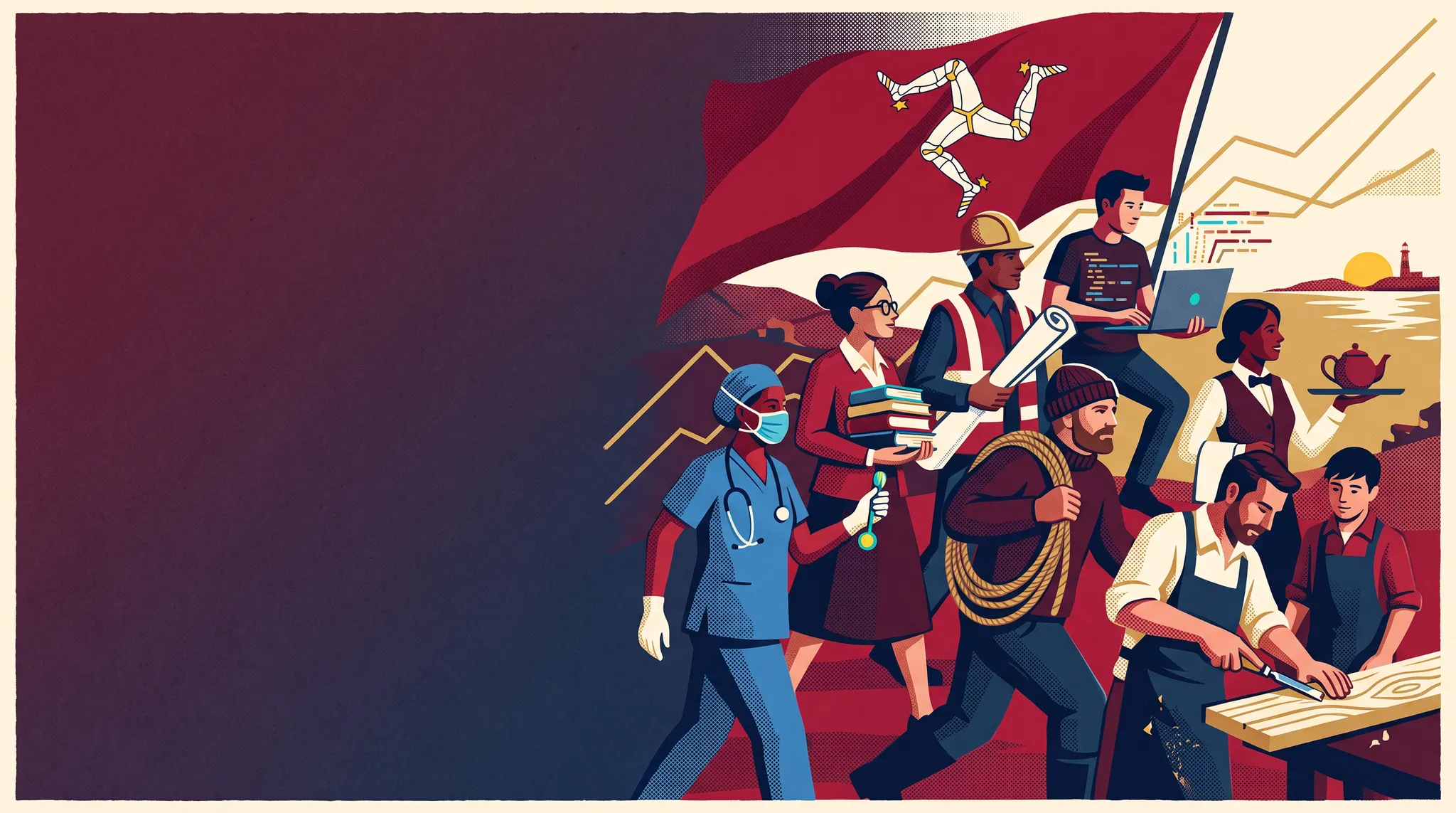 Conceptual screenprint of Manx workers moving forward together beneath the Isle of Man flag