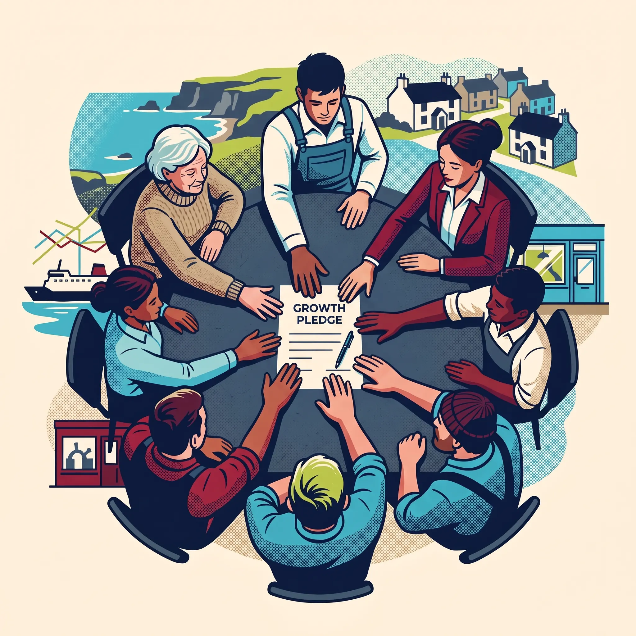 Conceptual screenprint of Island residents gathered around a shared pledge