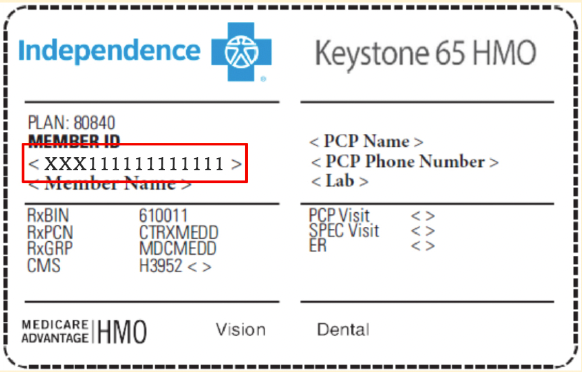 Sample Independence Blue Cross member card with the Member ID field highlighted