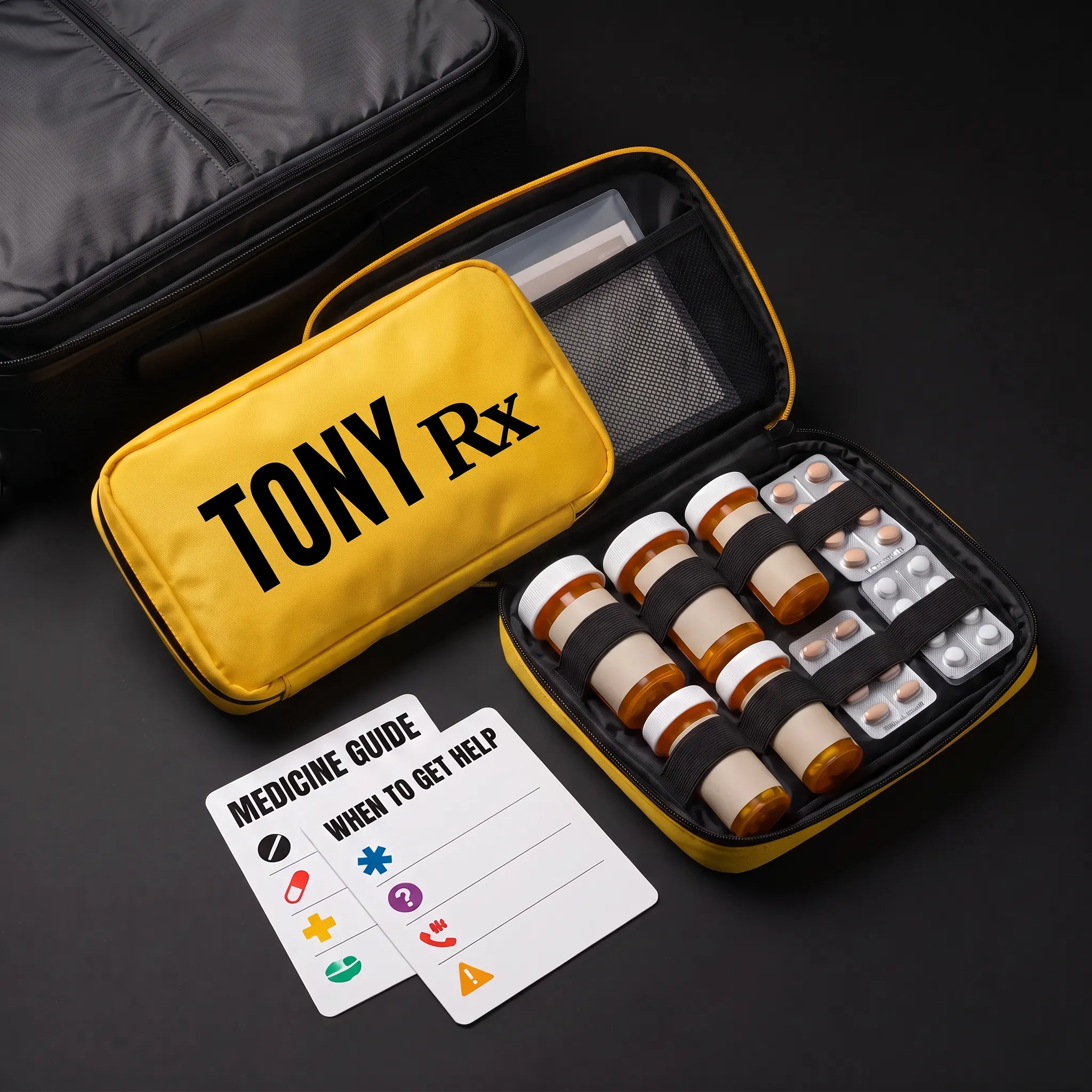 Open yellow Tony Rx travel pouch with illustrated medicine and help cards, amber bottles, and blister packs