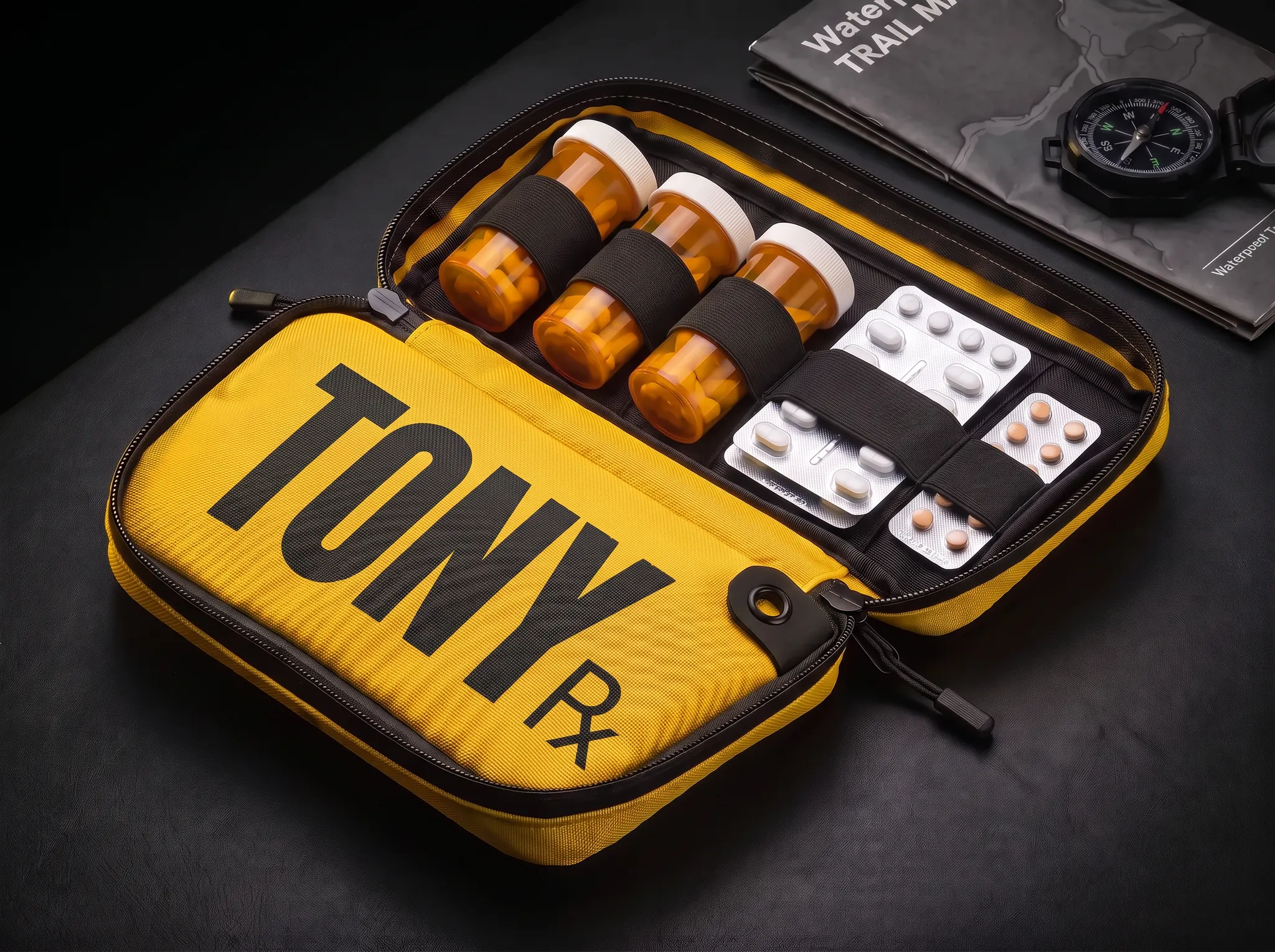Tony Camping Kit in a compact yellow waterproof canvas medication pouch