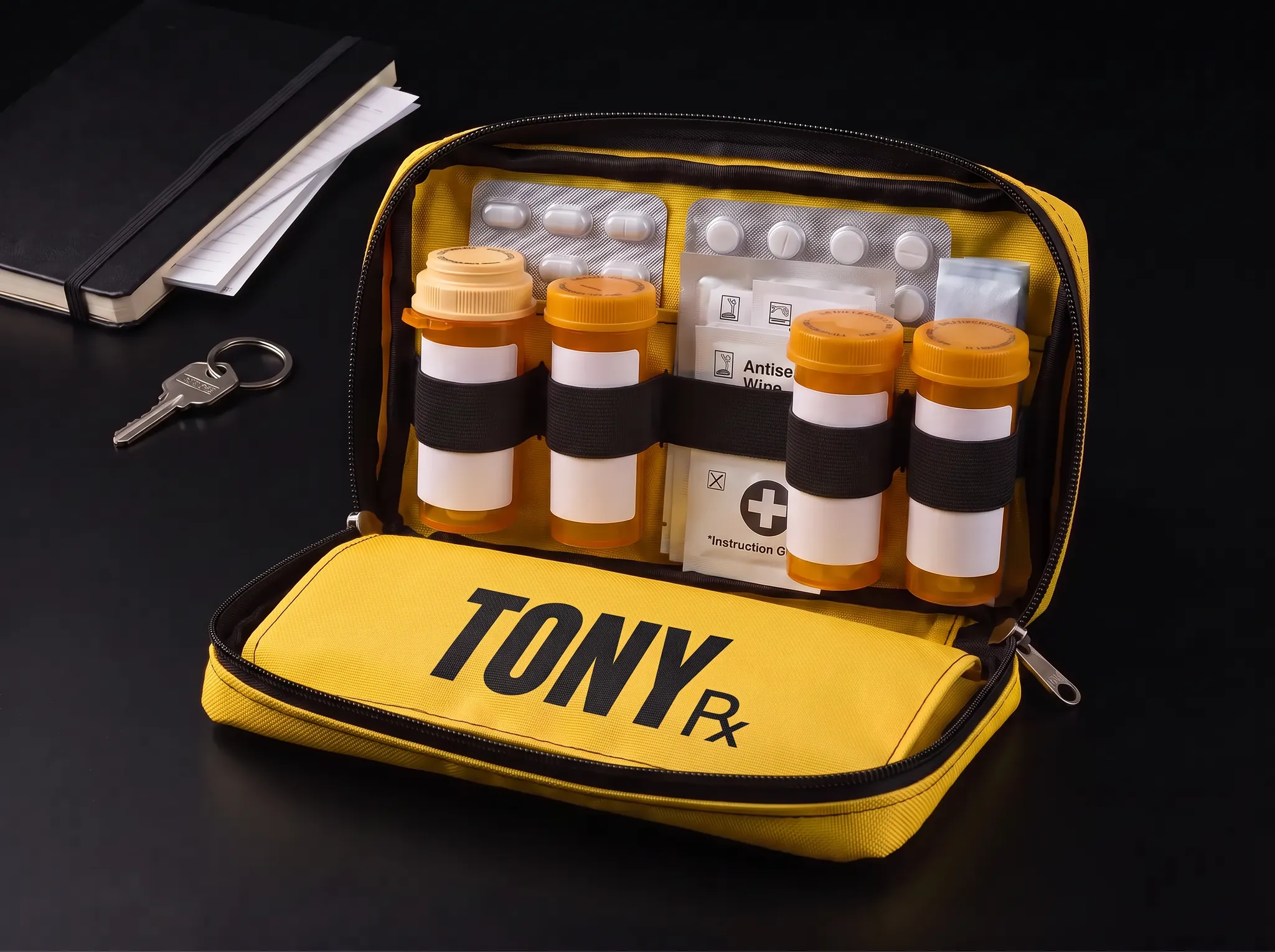 Tony Back to College Kit in a compact yellow waterproof canvas medication pouch