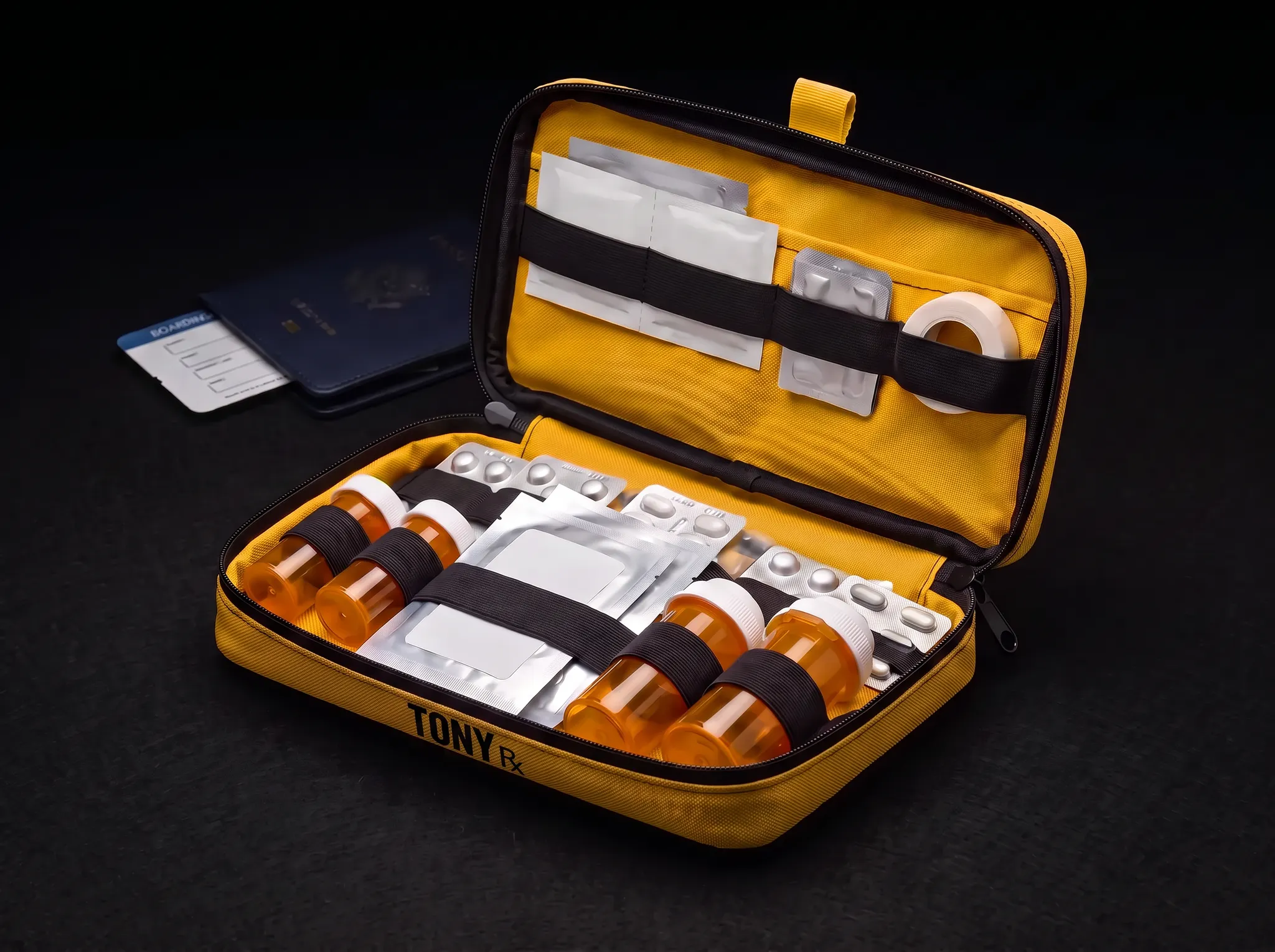 Tony Cruise Kit in a compact yellow waterproof canvas medication pouch
